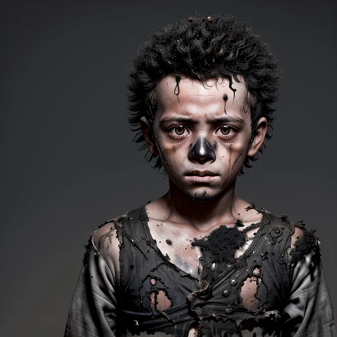 A boy who had been electrocuted and was covered in soot and wearing tattered, burnt clothes