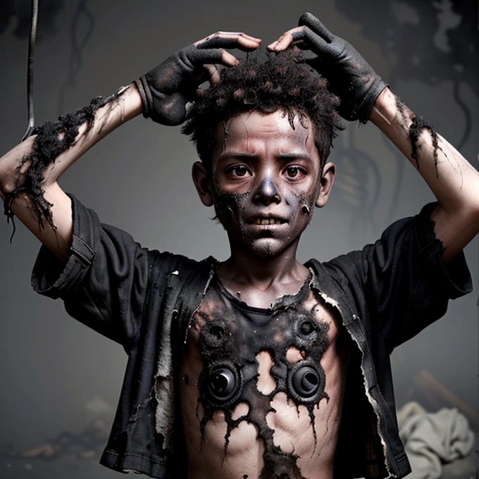 A boy who had been electrocuted and was covered in soot and wearing tattered, burnt clothes