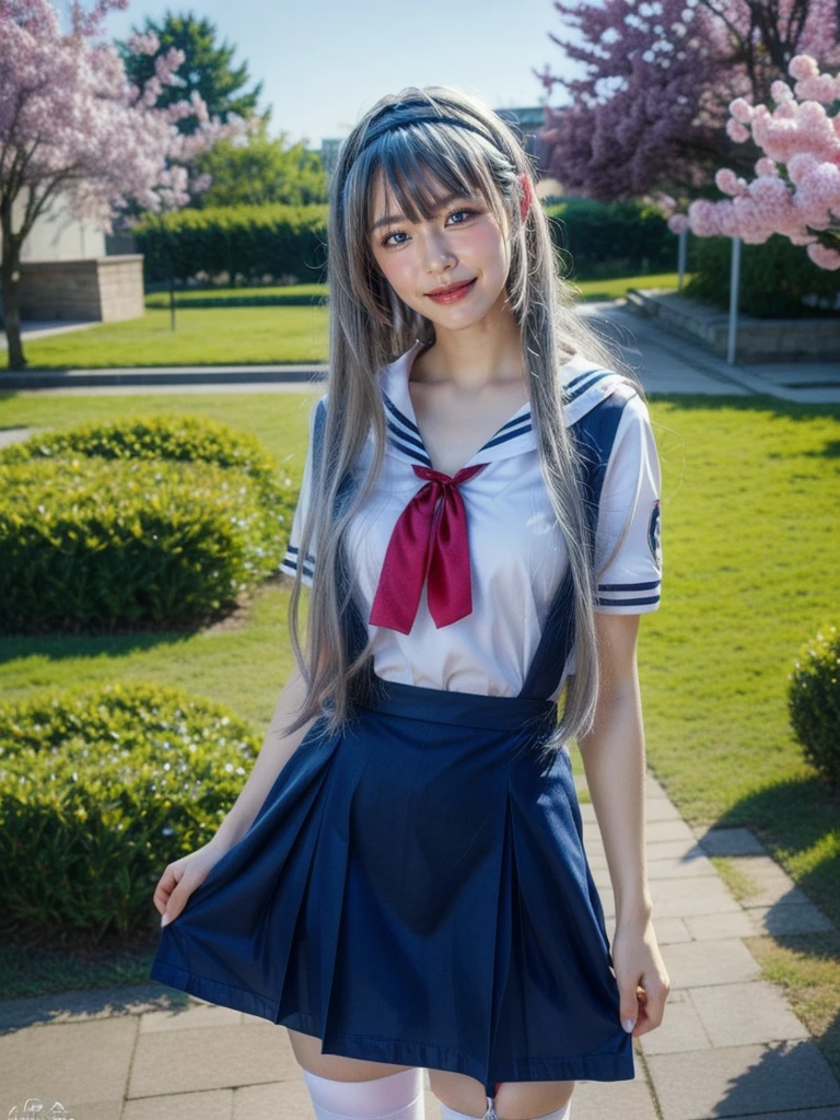 ultra-detailed,highly detailed,best quality,masterpiece,illustration,realistic,photorealistic,
clannad, hikarizaka private high , summer uniform, 
1girl, solo, cosplay, 
serafuku, short sleeves shirt, sailor collar, suspender skirt, thighhighs, neck ribbon, 
bangs, hair ornament, very long hair, grey hair, hairband,
looking at viewer, standing, cowboy shot, 
outdoors, photo background, plant, day, cherry blossoms, falling petals, wind,
((perfect eyes, detailed eyes,realistic eyes)), ((sharp face, detailed face, realistic face, natural skin, realistic skin, detailed skin, pores)), ((perfect body, detailed body, realistic body, big proportions)) 