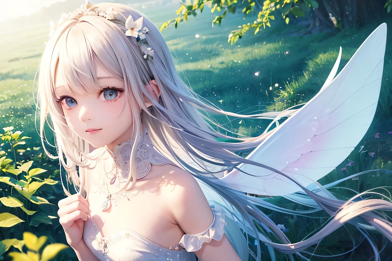 1 Fairy,bouquet,hair ornaments,妖精Wing,wing,wing root,Big wing,Lolitar,12 year old girl,Young,Transparency,happiness,Smile,smile,happy,White skin,Lip gloss,Realistic, 35mm, Intricate details, High resolution, Intricate details, Ultra-detailed, Natural skin texture, Hyperrealism, sharp, 1 girl, Girl (Elf:0.7) ,woman, Magical Land,pastel colour,Portraiture, look up,alone, Half Shot, White clothing,Detailed Background, ,Magical atmosphere, Hair blowing in the wind,Silky Hair,Cream colored hair,Shiny Hair,Light pink hair,Light-colored clothing with white trim, Magic Whirlwind, Sparkling,shine,Light background,noon,sun,Pop Art, (Style - Swirl Magic:0.8), Suspended particles,Light Dances,Thin eyebrows,Thin eyebrows,Wavy Hair,Wavy,Braid,Shine of the eyes,butterfly々Wing,Childish,A gentle gaze,love,Gentle light,Blonde Hair,Short sleeve,Brown Hair,Bright flower garden,heaven,wing,Fairy,Looking up