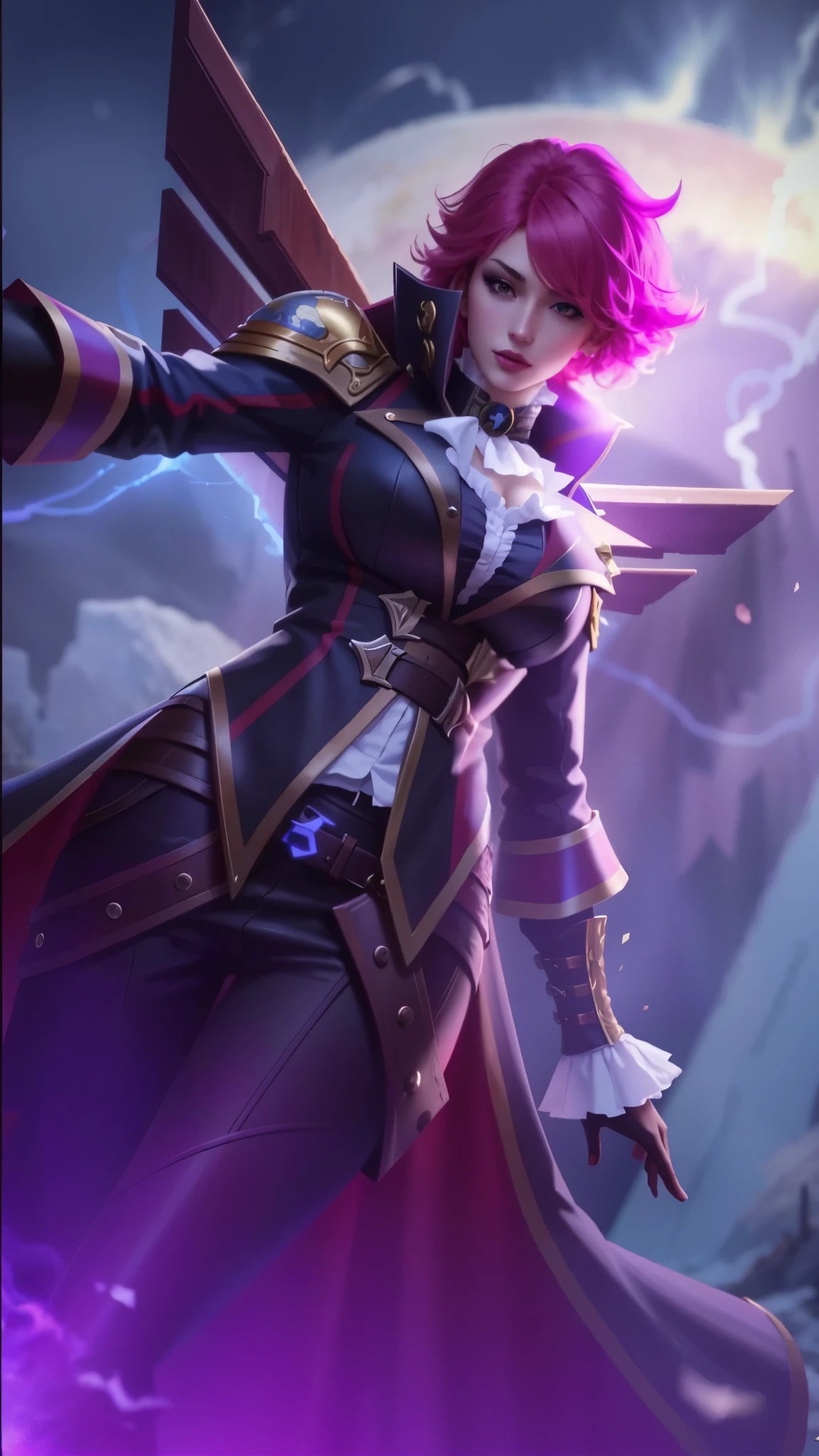 an image of a female character from Mobile Legends, huge curly pink hair, as a vampire, pirate clothing, trans rights, mobile legends splash art, also symmetrical, she is attracting lightnings, female spy, dark-esque, leblanc, wig, very low quality, high quality masterpiece painted, super detailed, masterpiece, best quality, ultra quality, absurd details, best light, best shadow, sharp, sharp image, detailed, extremely detailed, great resolution, 8k, 4k, uhd