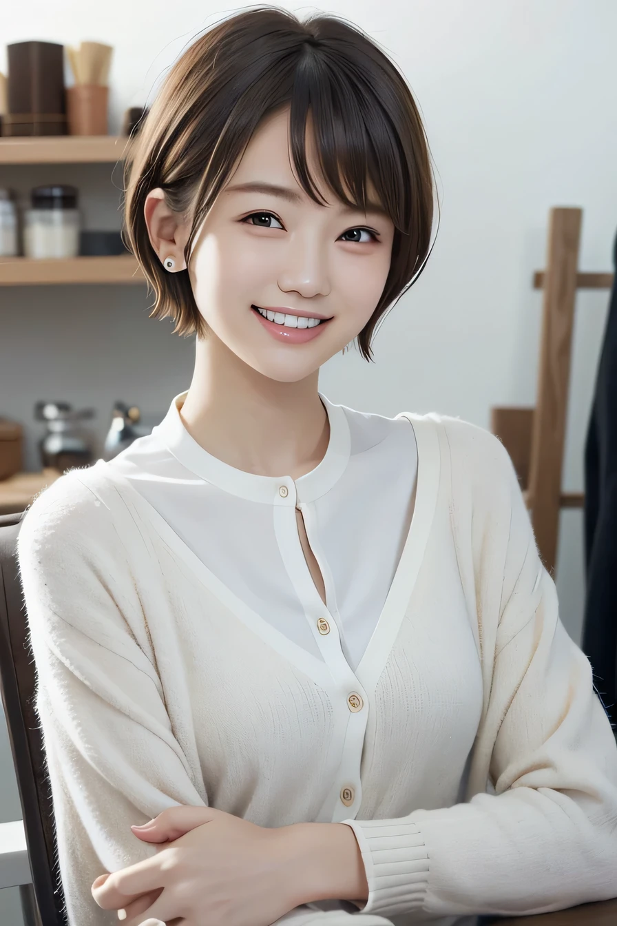 205 ((short hair)), 17Beautiful woman、, cardigan、shirt、Shoulder Fashion、smile、Beautiful teeth alignment、Black Hair、ear piercing、Looking into the camera, The background is the town