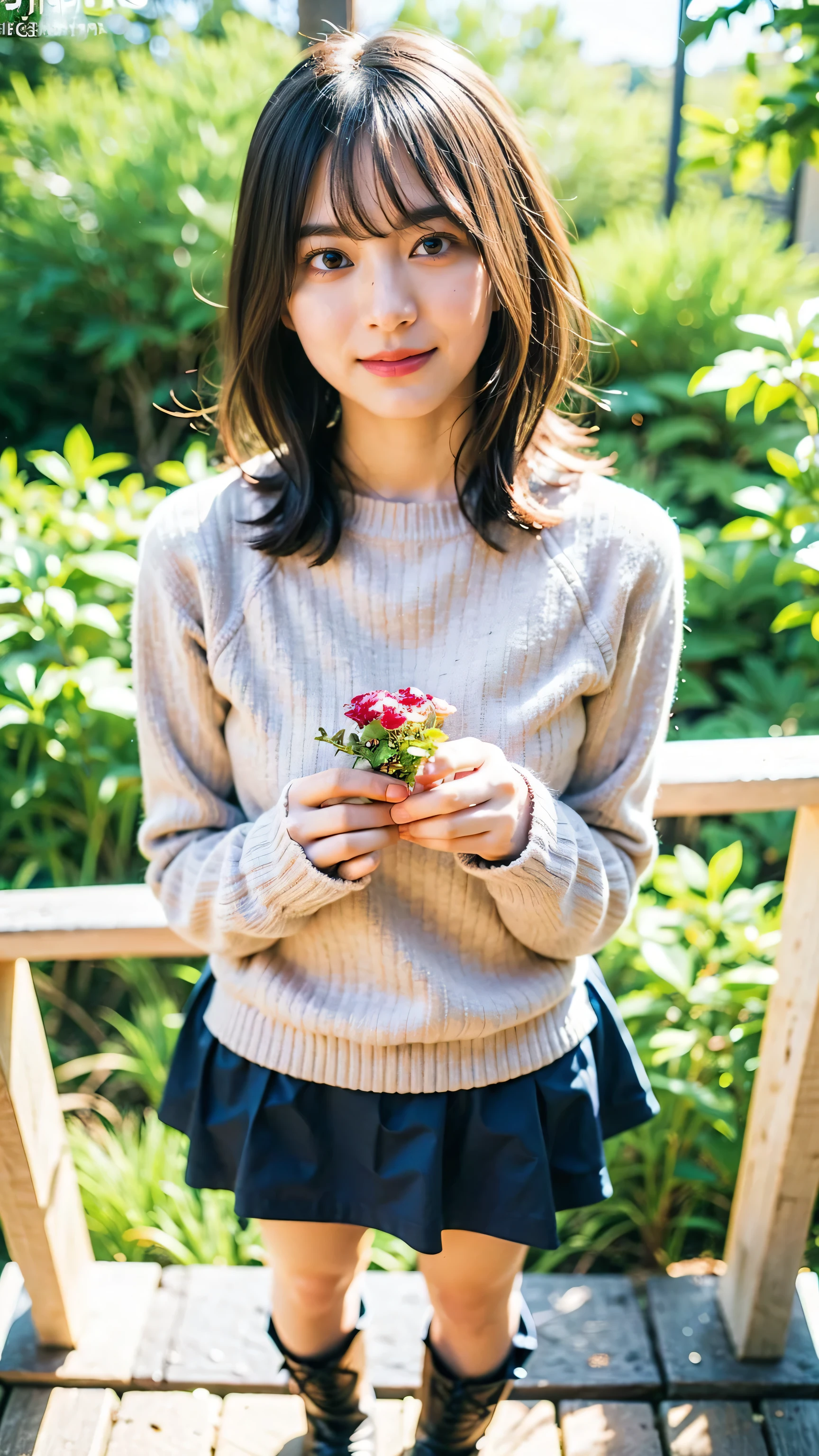 (8k、RAW Photos、highest quality、masterpiece:1.2)、(Realistic、Realistic)、1 girl、((mini skirt、Medium Hair、Brown sweater、boots、ribbon、smile、garden、View from the front、smile、Are standing))、