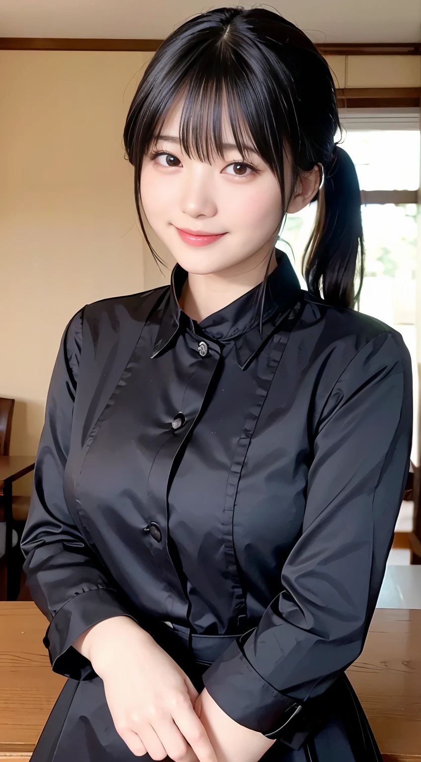 (highest quality,masterpiece:1.3,Ultra-high resolution,),(Very detailed,Caustics),(Realistic:1.4,RAW shooting,)Ultra-Realistic Capture,Very detailed,High resolution 16K human skin closeup。 Natural skin texture、,pores、、、、It must be detailed enough to be easily identifiable。 Skin tone is even and healthy looking。 Use natural light and color,restaurant,Waitress Uniform,1 girl,Japanese,18-year-old,cute,Black-haired,ponytail,Big Breasts,smile,Turn your body forward,(Front view:1.1),Looking into the camera,Cowboy Shot,