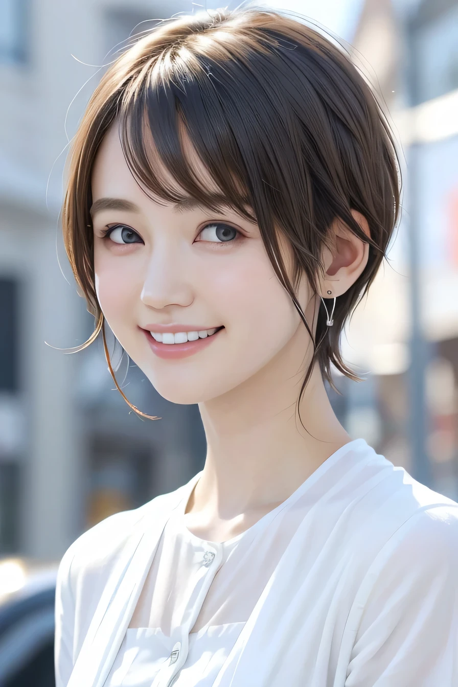 205 ((short hair)), １７Beautiful woman、, cardigan、shirt、Shoulder Fashion、smile、Beautiful teeth alignment、Black Hair、ear piercing、Looking into the camera, The background is the town