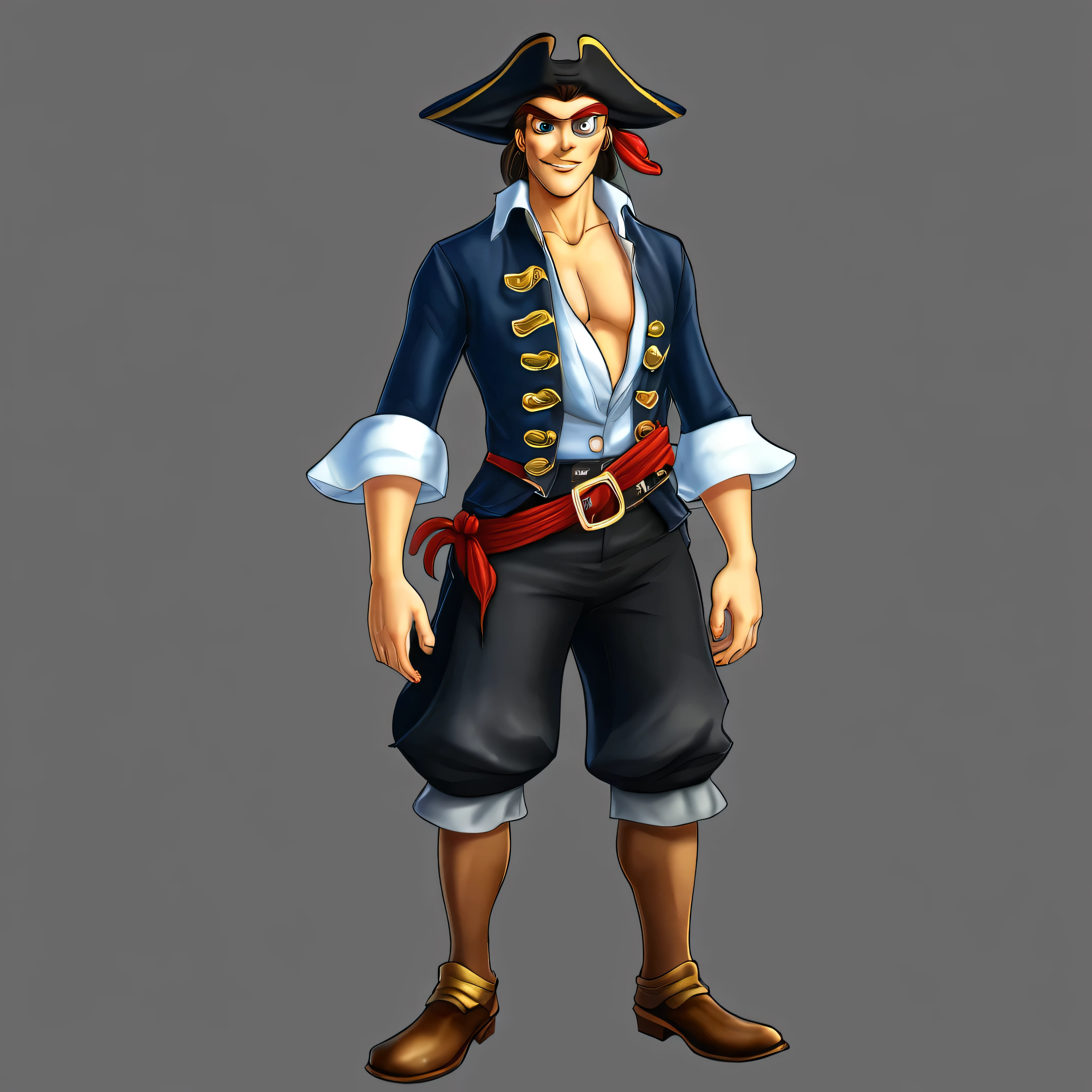 Create an image of a pirate who is 1.75 meters tall and weighs 70 kg. The pirate should be wearing tight-fitting clothes, including a snug shirt and shorts. He should appear playful and mischievous, with an overall look that exudes a fun and lighthearted personality. The pirate's outfit should have classic pirate elements, but in a modern, fitted style that complements his playful nature.