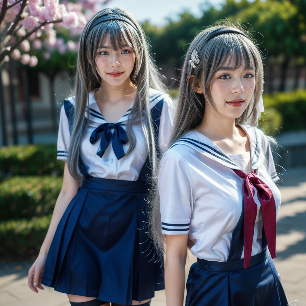 ultra-detailed,highly detailed,best quality,masterpiece,illustration,realistic,photorealistic,
clannad, hikarizaka private high , summer uniform, 
1girl, solo, cosplay, 
serafuku, short sleeves shirt, sailor collar, suspender skirt, thighhighs, neck ribbon, 
bangs, hair ornament, very long hair, grey hair, hairband,
looking at viewer, standing, cowboy shot, 
outdoors, photo background, plant, day, cherry blossoms, falling petals, wind,
((perfect eyes, detailed eyes,realistic eyes)), ((sharp face, detailed face, realistic face, natural skin, realistic skin, detailed skin, pores)), ((perfect body, detailed body, realistic body, big proportions)) 