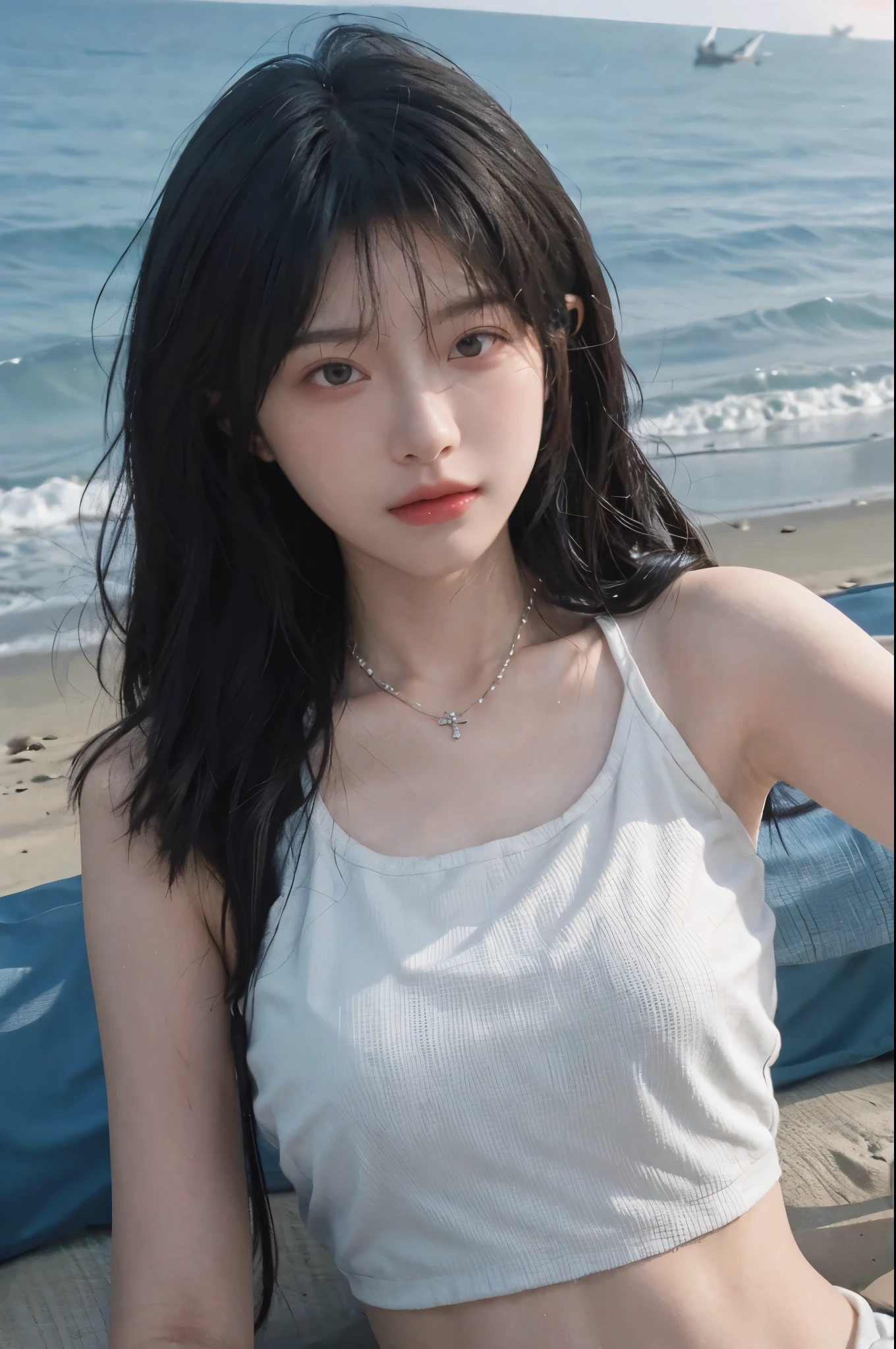 Best quality,Ultra-high resolution,(lifelike:1.4),Cute hairpin,1girll,Long curly hair,jk,Blush,Slim beauty:1.4,Visible abdominal muscles,on the beach,Ultra-fine face,Exquisite eyes,Double eyelids,necklace