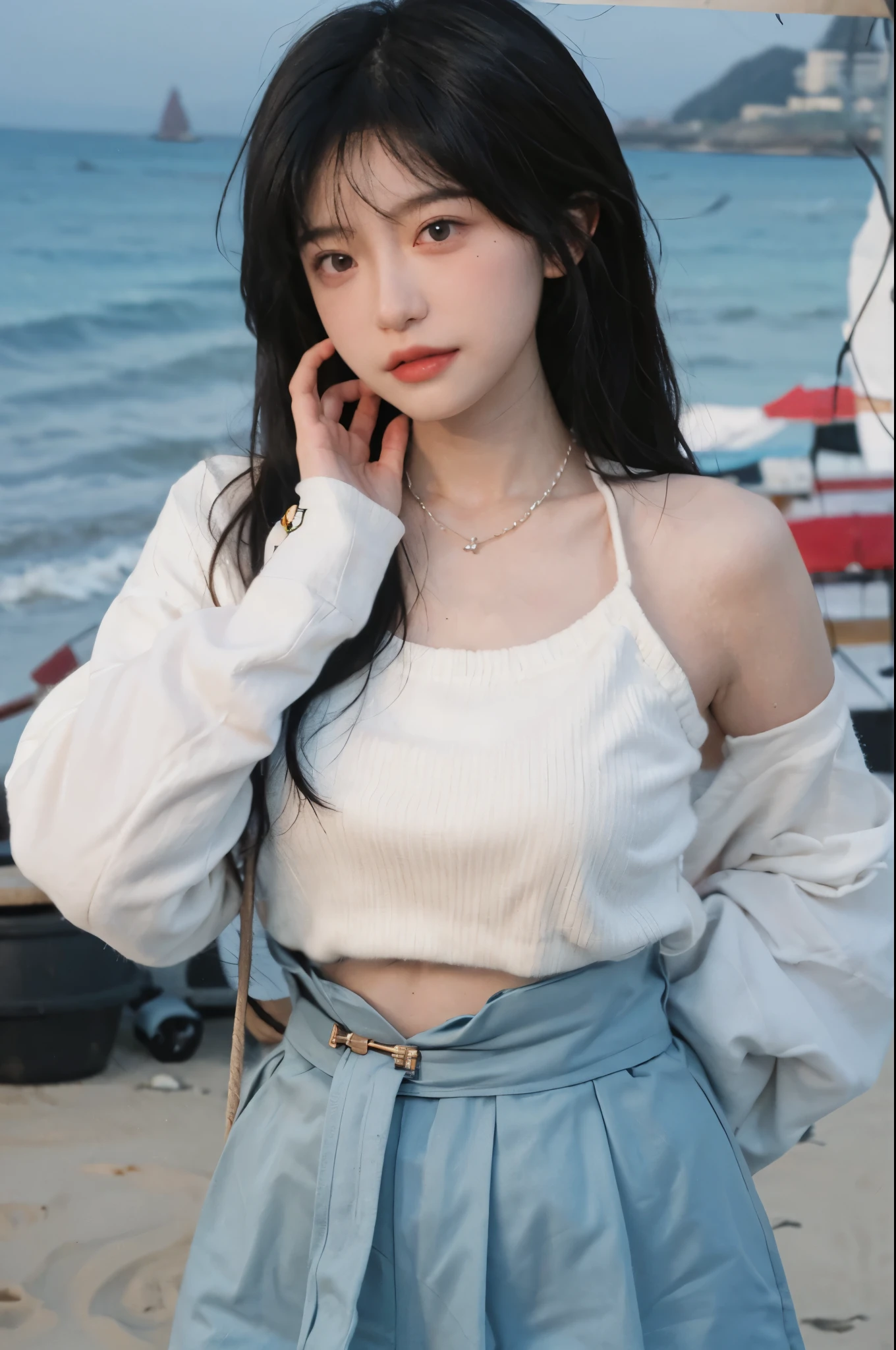 Best quality，Ultra-high resolution，（lifelike：1.4），Cute hairpin，1girll，Long curly hair，jk，Blush，Slim beauty：1.4，Visible abdominal muscles，on the beach，Ultra-fine face，Exquisite eyes，Double eyelids，necklace
