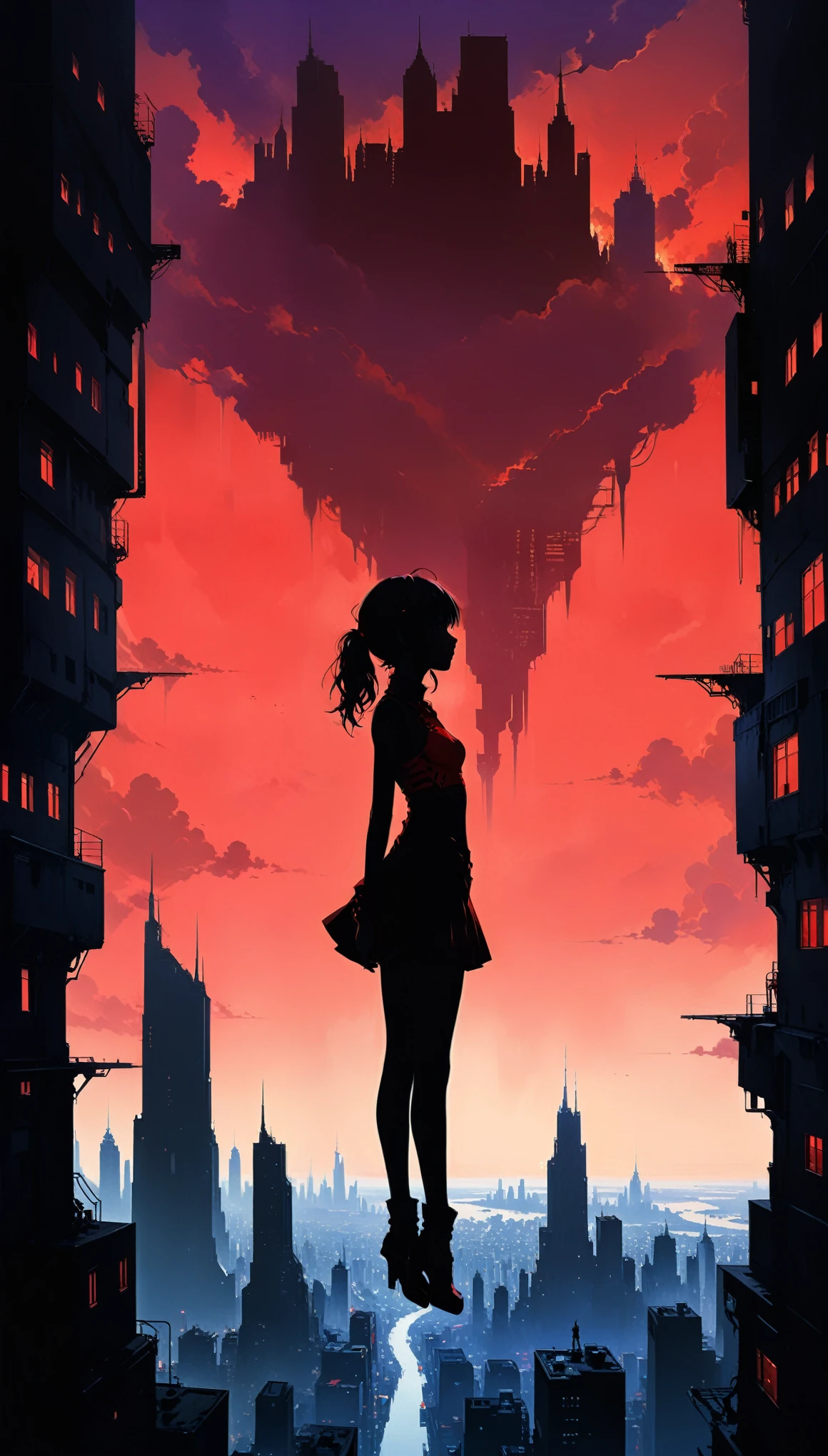 in style of Ashley Wood,
neon genesis evangelion sytle,a concept map of the scene,silhouette of a black city skyline,((silhouette of a red city skyline:1.5) upside down in the sky:1.3),fantasy surreal scenes,(1 girl solo:1.1),(symmetrical picture up and down:1.2),pale violet sky color,