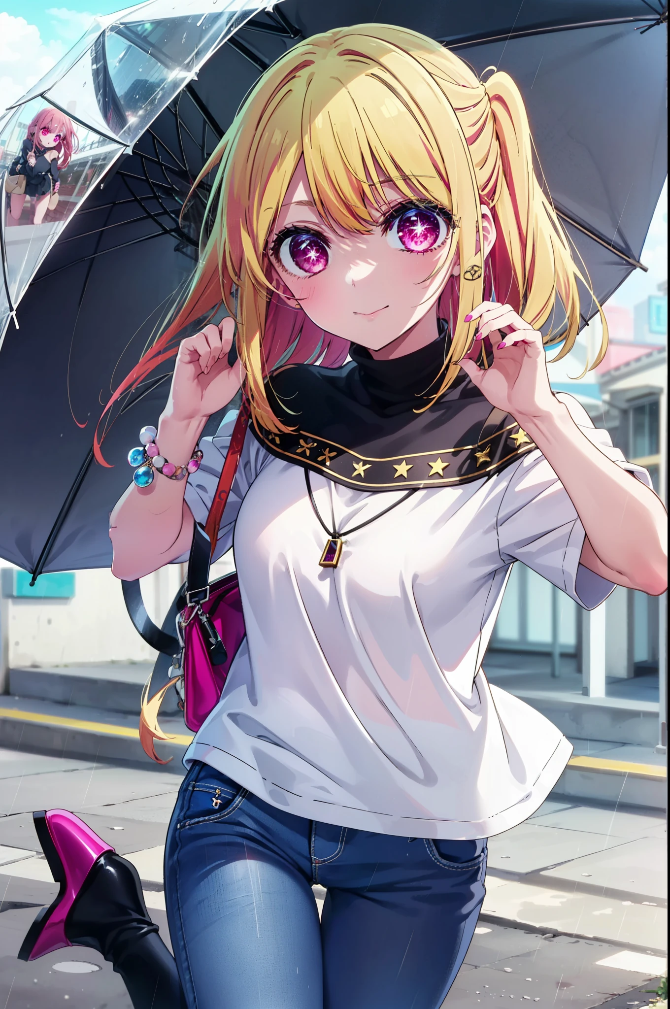 rubyhoshino, Hoshino Ruby, Long Hair, bangs, Blonde Hair, (Pink Eyes:1.3), Side Lock, (Symbol-shaped pupil:1.5), Multicolored Hair, Two-tone hair, smile,Cordo shoulder top,Skinny jeans,Stiletto heels,rain,umbrella,Cloudy,whole bodyがイラストに入るように,Walking,
break outdoors, ビル街
break looking at viewer, whole body,
break (masterpiece:1.2), highest quality, High resolution, unity 8k wallpaper, (figure:0.8), (Beautiful fine details:1.6), Highly detailed face, Perfect lighting, Highly detailed CG, (Perfect hands, Perfect Anatomy),