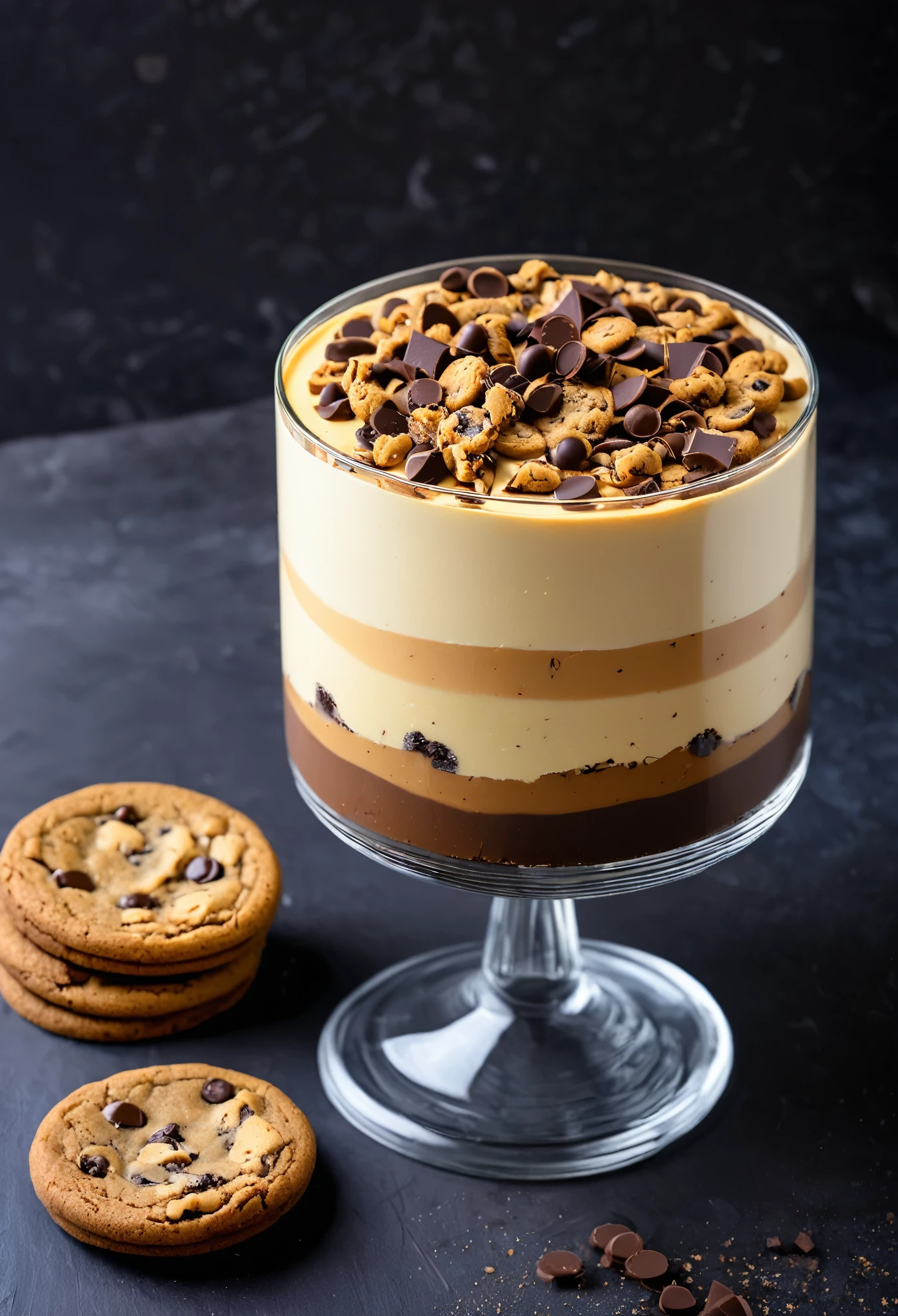 Coffee cheesecake with two chocolate chip cookies as decoration in a transparent glass 