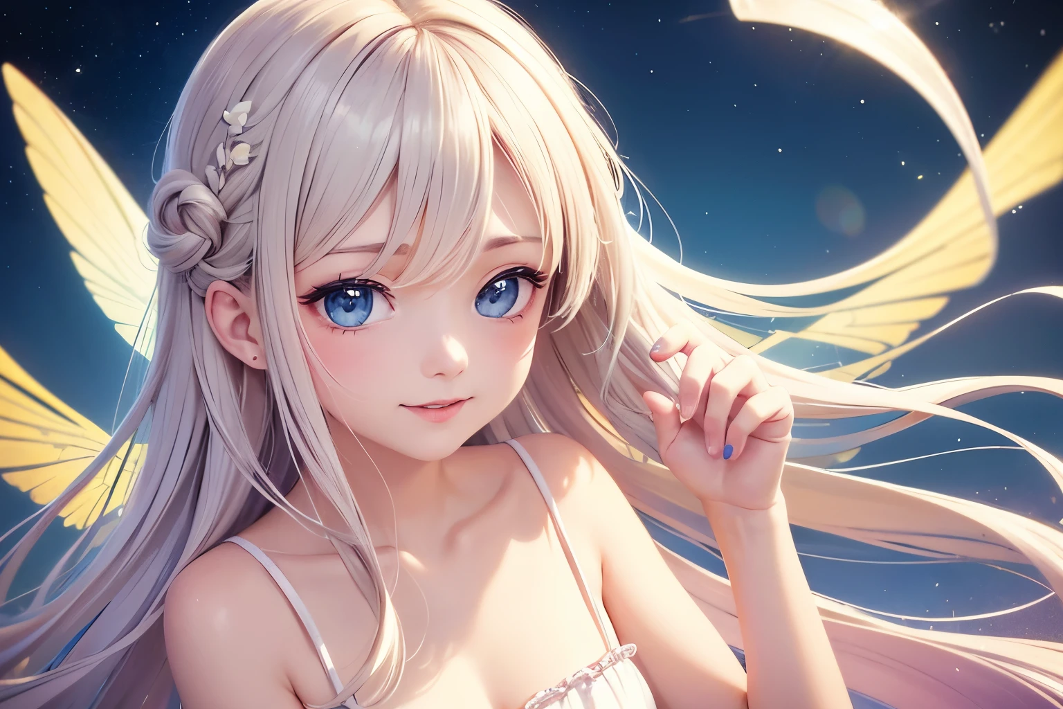 1 Fairy,bouquet,hair ornaments,妖精のwing,wing,wing根,大きなwing,tar,12歳のl,Young,Transparency,happiness,Smile,smile,happy,White skin,Lip gloss,Realistic, 35mm, Intricate details, High resolution, Intricate details, Ultra-detailed, Natural skin texture, Hyperrealism, sharp, 1 girl, Girl (Elf:0.7) ,woman, Magical Land,pastel colour,Portraiture, look up,alone, Half Shot, White clothing,Detailed Background, ,Magical atmosphere, Hair blowing in the wind,Silky Hair,Cream colored hair,Shiny Hair,Light pink hair,Light-colored clothing with white trim, Magic Whirlwind, Sparkling,shine,Light background,noon,sun,Pop Art, (Style - Swirl Magic:0.8), Suspended particles,Light Dances,Thin eyebrows,Thin eyebrows,Wavy Hair,Wavy,Braid,瞳のshine,butterfly々のwing,Childish,A gentle gaze,love,Gentle light,Blonde Hair,Short sleeve,Brown Hair,Bright flower garden,heaven,wing,Fairy,Looking up