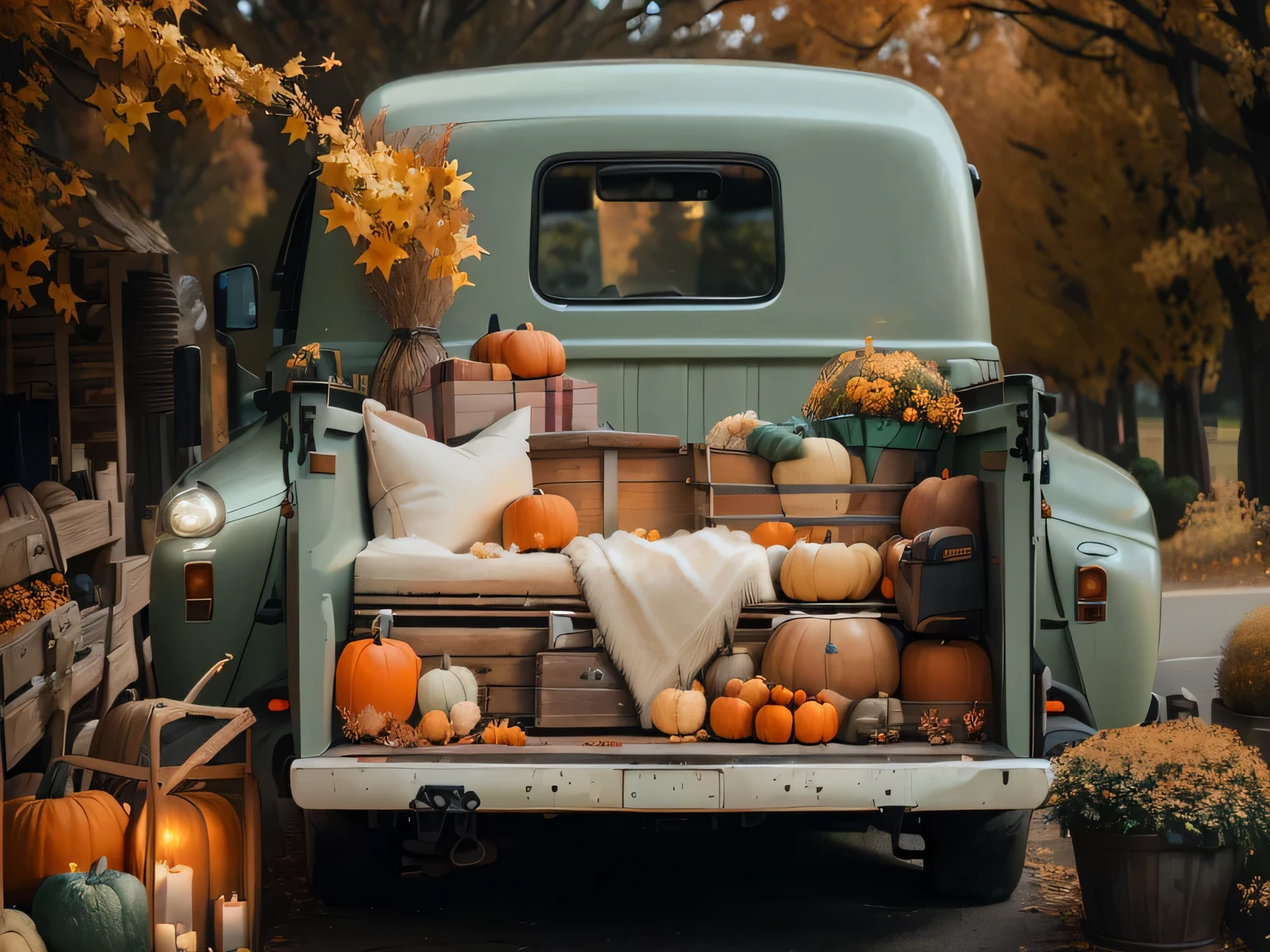 there is a truck，There is a bed and many pumpkins on the car, Golden Autumn Season, shutter, All Scenery, holiday, 8K)), 6k, 6,000, 🍂 Lovely, autumn, Pumpkin carriage, Car panorama, autumn, 12K, 1 2 thousand, Soft autumn colors, Panorama