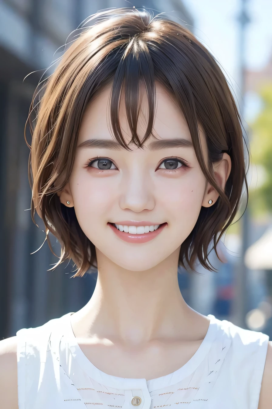 205 ((short hair)), 17Beautiful woman、, cardigan、shirt、Shoulder Fashion、smile、Beautiful teeth alignment、Black Hair、ear piercing、Looking into the camera, The background is the town