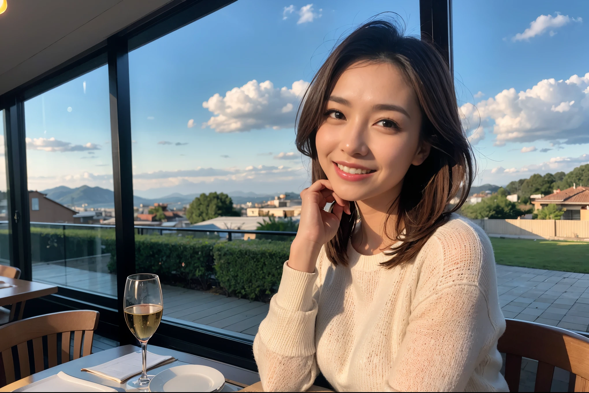 ((highest quality、8k、masterpiece:1.3))、1 male、1 female、Couple、Spouse、石原さとみ似美女Couple、The body is slim、((Bob Hale、Straight hair:1.2)), (Realistic, Intricate details:1.2), テーブルの上のwine glass、Put the light on your face、 Amazing view of the sunset sky and clouds、Amazing mountain views、A bright smile、The wonderfulness of smile、Bright image、The beauty of wine, Beautiful Face, blue eyes, The light shines on your face, Blushing, short hair,Bright Face、 (45 years old), 39 years old, red wine 、Appetizers、Italian food、Wine bottle、Champagne、sparkling wine、Two beauties、Brown Hair、Shortcuts、Long sleeve shirt、dress、Pretty Woman 1, (slimな顔), (The body is slim), (Brown Hair), (Shortcuts), cheeks turn a little red,Attractive beauty、restaurant, In a prominent place (From the waist up) Nova Frog Style, actress, model, Upper Body, White wine, slim, wine glass, 中央に置かれたwine glass, smile, (smile: 1.15), Beautiful fine grain, Depth f/2,saturation, High Contrast, Strong light and shadow,Moist Body:1.5、3D texture、Delicate eyes、Brown Hair、The hair is very shiny、