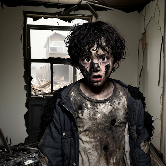 A comedy film in which a boy is caught in a house explosion and emerges covered in soot and wearing tattered clothes.