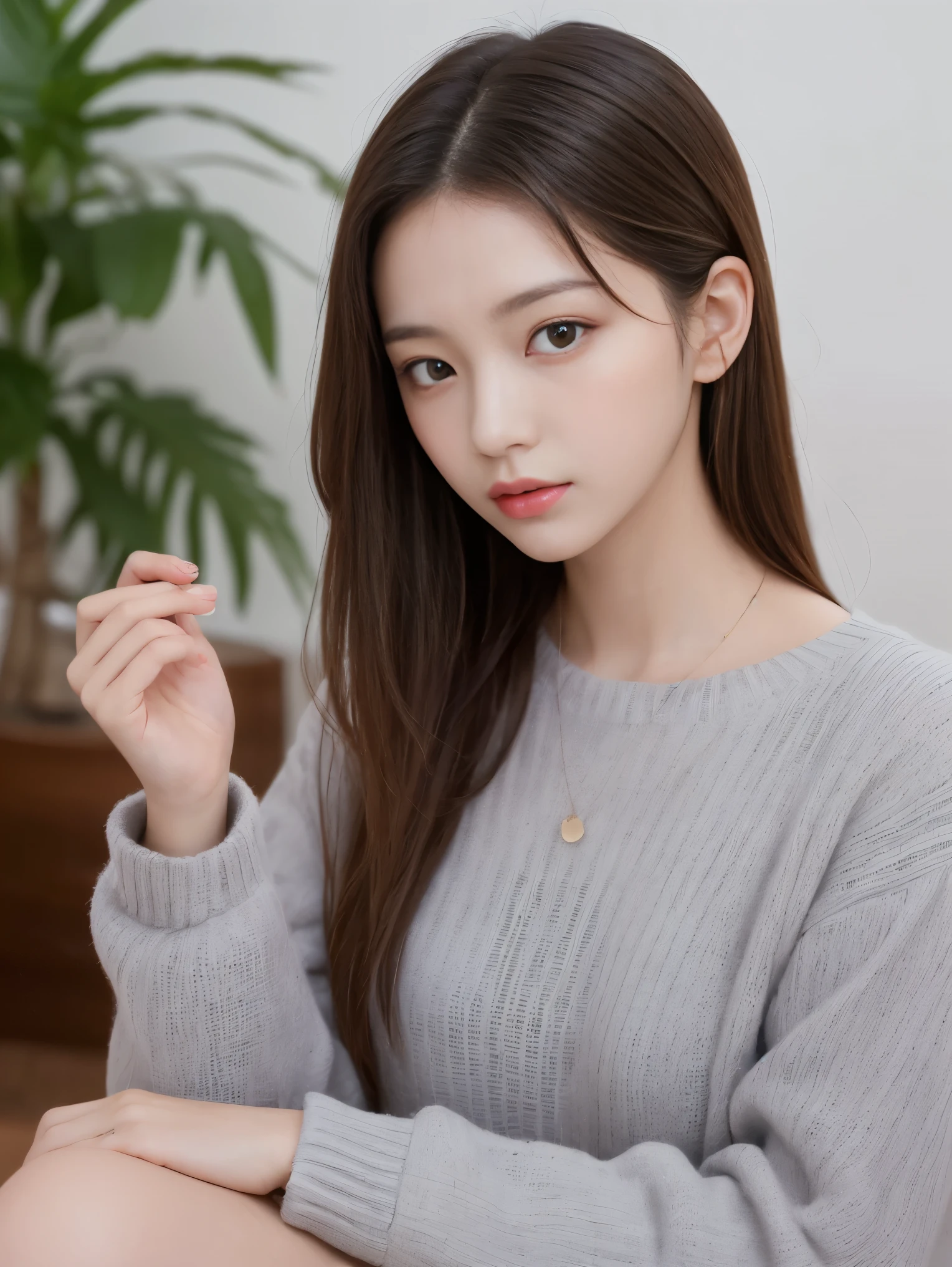 In detail, High resolution, high quality、Perfect dynamic composition, Beautiful fine details, Medium Hair, small 、Natural color lip,Kamimei、Shopping mall、20-year-old girl、1 person、Clear Skin、Shiny Hair、Tabletop, 最high quality, figure, Super detailed, In detail, High resolution, 8k、The correct state of the human body、Randomly cute poses,ponytail,Beautiful feet,Perfect beautiful face,KPOP idol faces,Ecstatic face,Light grey knit dress,Background Blur,Dress up as a model for a women's fashion magazine