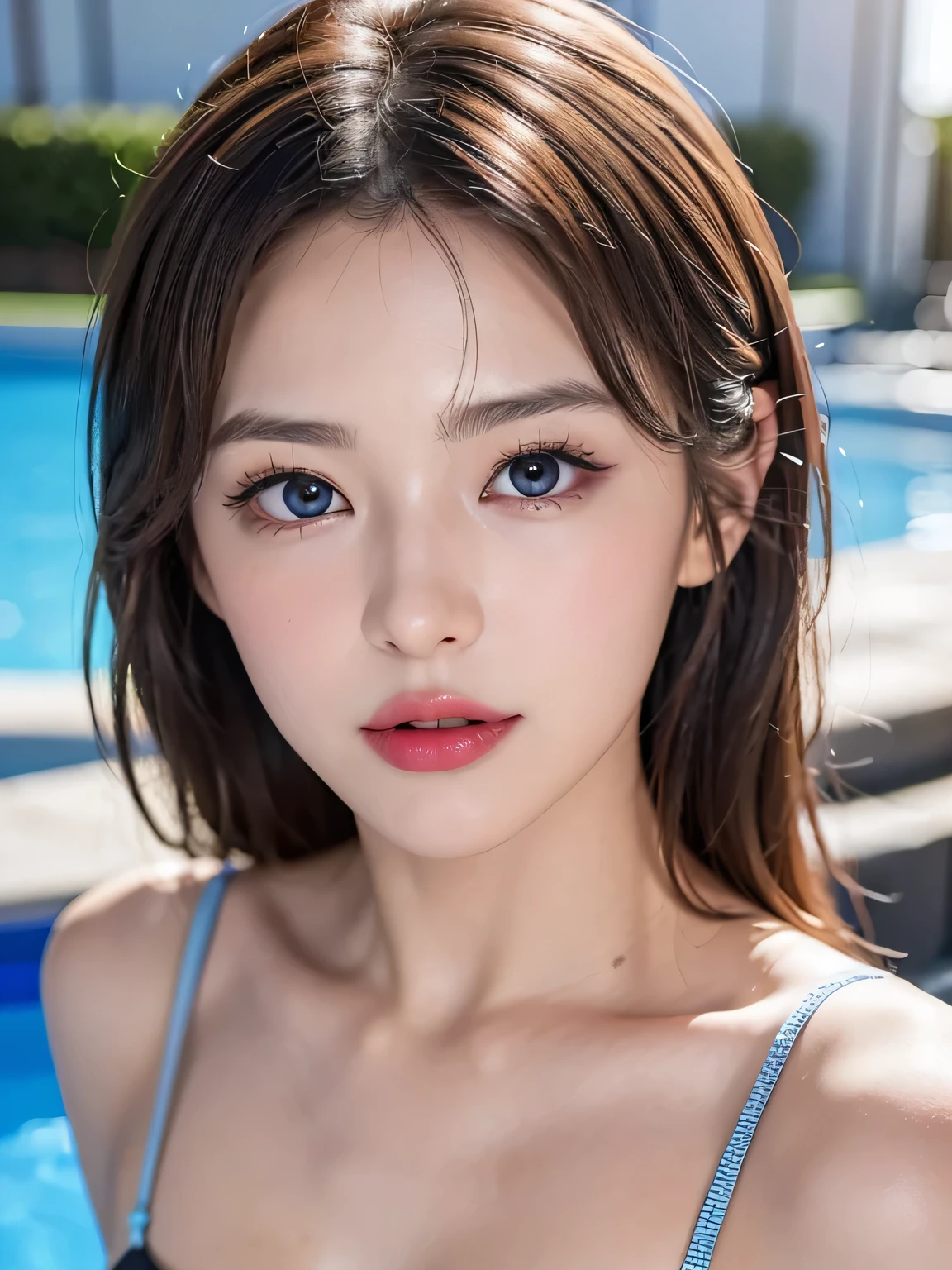 (((sfw:1.5)))、((Near the huge summer pool)), Real、8k、 ((Anatomically correct)),   18-year-old、1 female、Huge upper chest、Big cleavage、round face、Baby Face、Cute Smile、 A close-up of her face:0.6, Top quality soft lighting, ((realistic perfectly round brown_eye:1.3、Big Eyes、Dripping eye)), (Light pale complexion), ((Detailed pupils:1.4)), (Perfect Makeup:1.3), (Symmetrical lips:1.3)),(Bright shiny red_lipstick:1.35), ((Blue eyelashes: 1.17)), (Very detailed, Beautiful little nose:1.2), (Perfect composition), ((Sunburned skin:1.28)), ((Oily skin)), ((The blackＹshirt, The blackチューブトップブラジャー) , The background is simple and blue, The gaze is directed downwards at a low angle、 (((Anatomically correct)))、（Perfect Body Proportions)、(Natural Hands、Natural Fingers、Natural Legs)