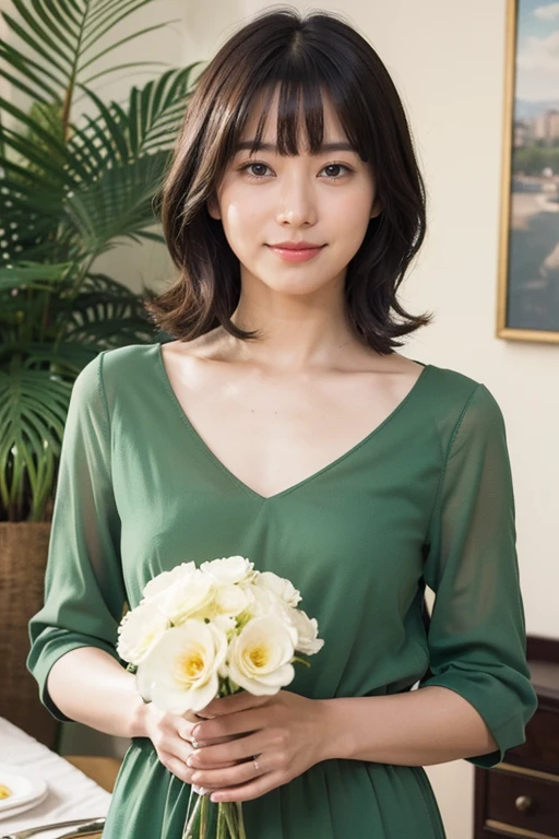 Medium display, Medium Shot, Depth of written border, bust, Upper Body, Movie angle, masterpiece, highest quality, Very detailed, CG, 8k wallpaper, Beautiful Face, Delicate eyes, Otome, alone, smile, bangs, skirt, shirt, have, Green dress, bow, petal, bouquet