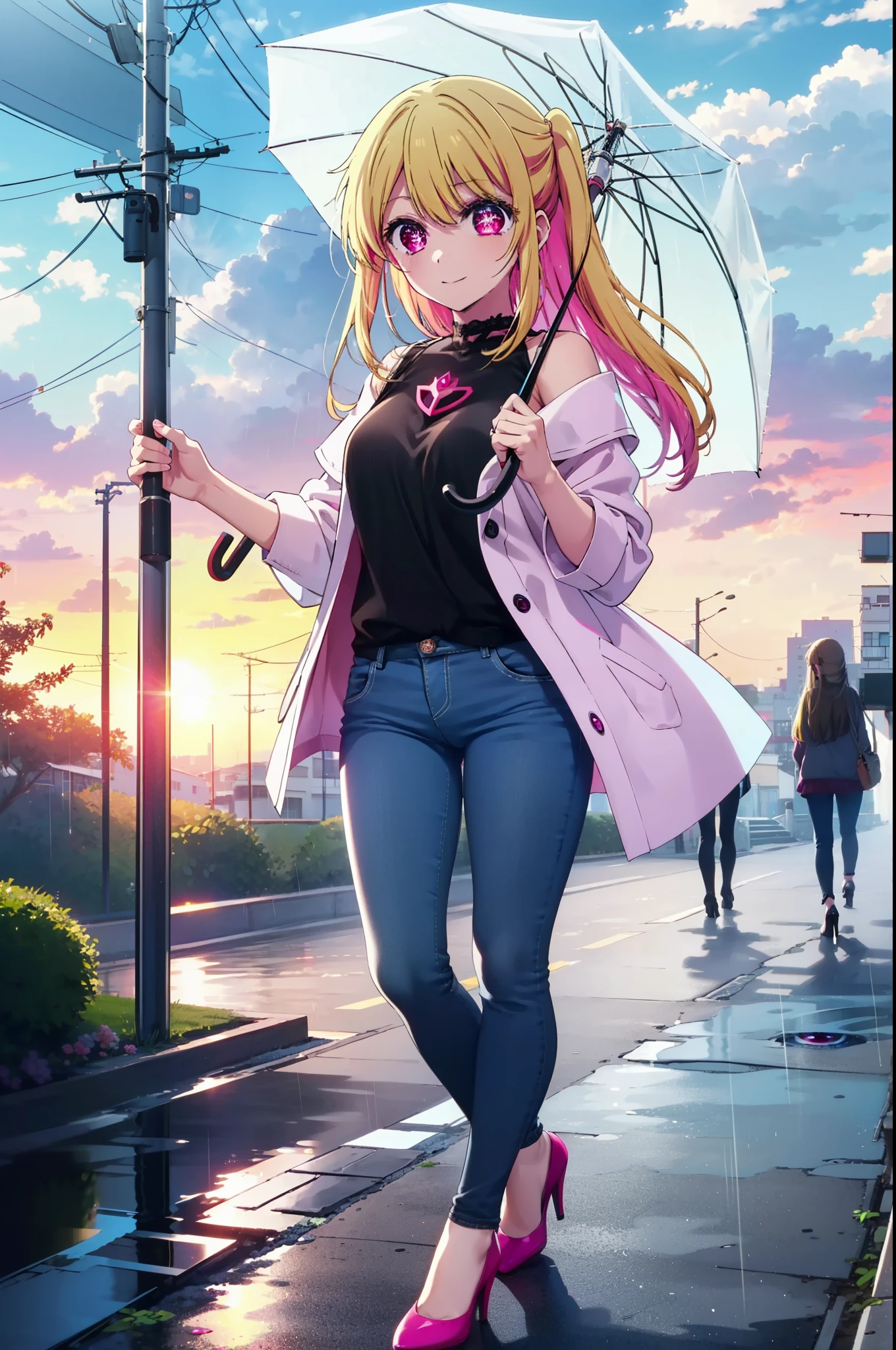 rubyhoshino, Hoshino Ruby, Long Hair, bangs, Blonde Hair, (Pink Eyes:1.3), Side Lock, (Symbol-shaped pupil:1.5), Multicolored Hair, Two-tone hair, smile,Cordo shoulder top,Skinny jeans,Stiletto heels,rain,umbrella,Cloudy,whole bodyがイラストに入るように,Walking,
break outdoors, ビル街
break looking at viewer, whole body,
break (masterpiece:1.2), highest quality, High resolution, unity 8k wallpaper, (figure:0.8), (Beautiful fine details:1.6), Highly detailed face, Perfect lighting, Highly detailed CG, (Perfect hands, Perfect Anatomy),