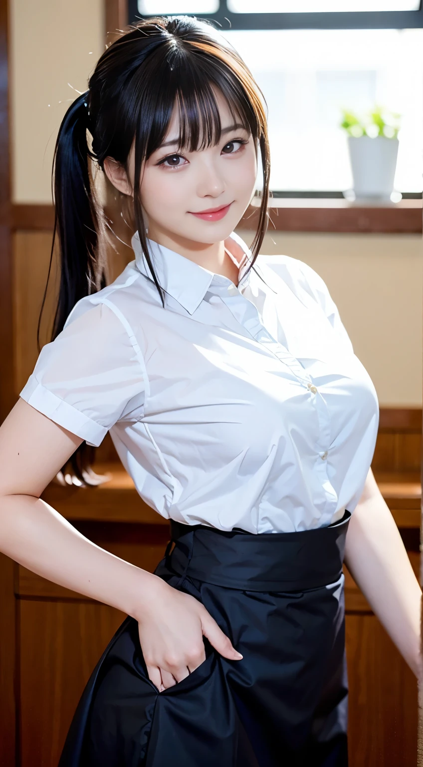 (highest quality,masterpiece:1.3,Ultra-high resolution,),(Very detailed,Caustics),(Realistic:1.4,RAW shooting,)Ultra-Realistic Capture,Very detailed,High resolution 16K human skin closeup。 Natural skin texture、,pores、、、、It must be detailed enough to be easily identifiable。 Skin tone is even and healthy looking。 Use natural light and color,restaurant,Waitress Uniform,1 girl,Japanese,18-year-old,cute,Black-haired,ponytail,Big Breasts,smile,Turn your body forward,(Front view:1.1),Looking into the camera,Cowboy Shot,