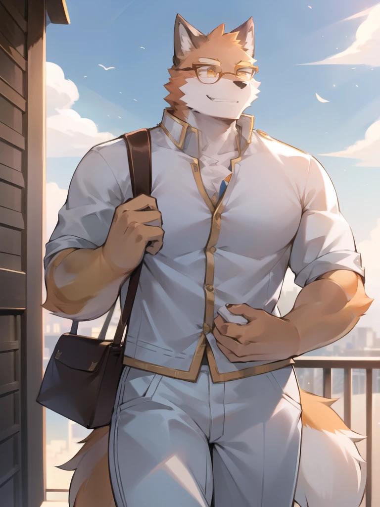 individual,Just not good, Muscular body, Younger,Full body orange fur,Orange fur,Body tearing,wearing glasses,Carrying a bag,Standing on the balcony, Bustling daytime city background,Look straight ahead,Is smiling,Happy mood,Gorgeous daytime sky, Wearing loose-fitting white long clothes,Wolf furry character,Golden eyes,Very handsome