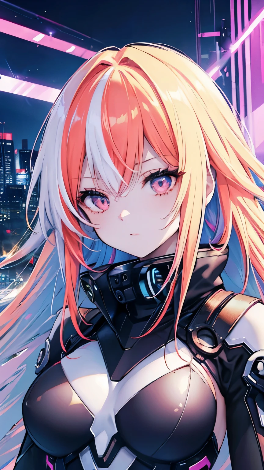 streaked hair, shiny hair, hairpods, multicolored eyes, modern, anime, cinematic lighting, sparkle, zoom layer, pov, UHD, textured skin, super detail, high quality, best quality, high details, masterpiece, Cyberpunk, futuristic metropolis, neon lights, midnight, Secret agents in science fiction movies, A spy wearing a highly functional suit