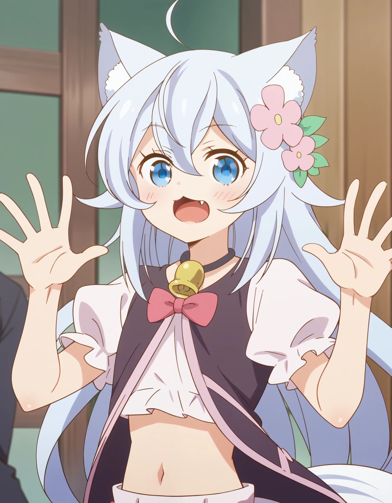 noelabase, long hair, blue eyes, hair ornament, bow, very long hair, blue hair, tail, flower, ahoge, short sleeves, fang, midriff, puffy sleeves, hair flower, puffy short sleeves, bell, wolf ears, jingle bell, wolf tail, neck bell, wolf girl, looking at viewer, score_9, score_8_up, score_7_up, score_6_up, score_5_up, score_4_up , anime coloring ,BREAK source_anime, anime,
upper body