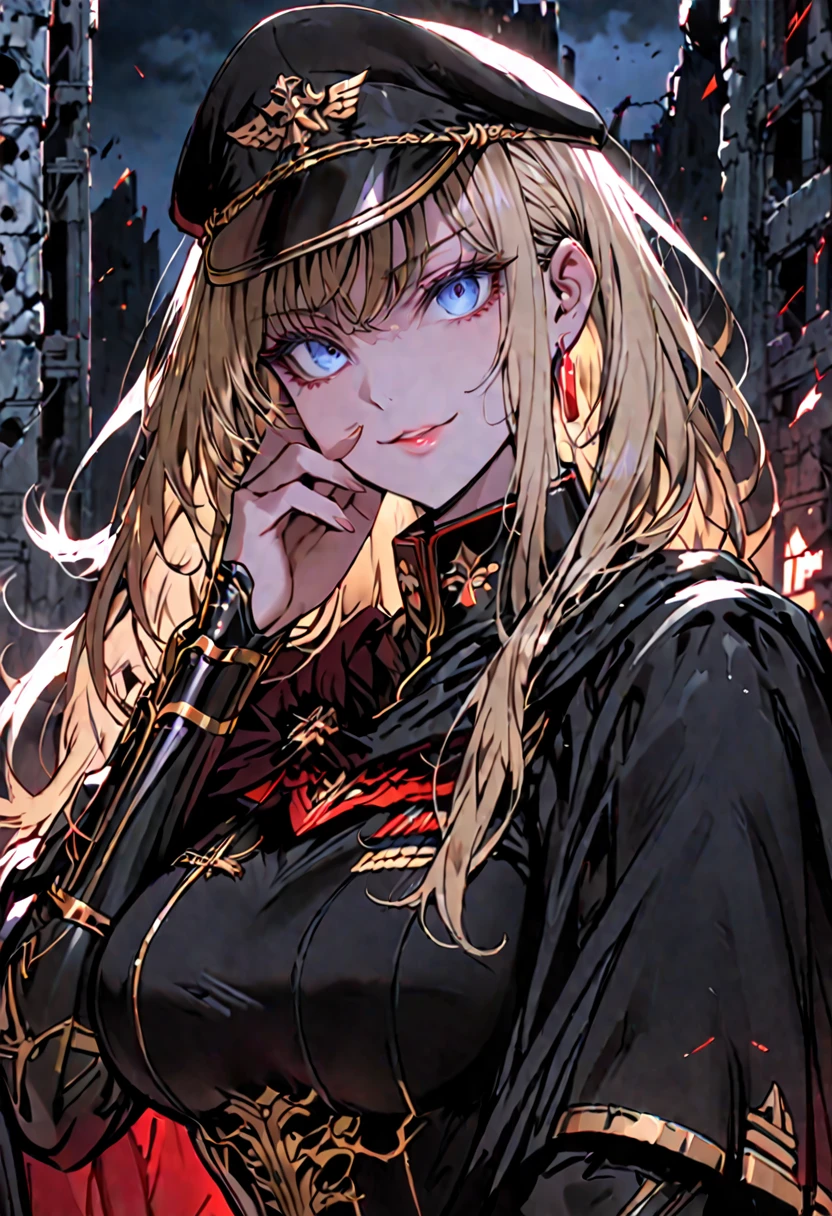 solo, female, sfw, medium shot, huge woman, extremely tall woman, blonde, long hair, blue eyes, black uniform, military uniform, ((modern armor)), black cape, red trim, gold trim, muscular, ruins, smile, military cap, one hand on face, yandere pose, baggy breeches, broad shoulders, night, close up, looking at viewer