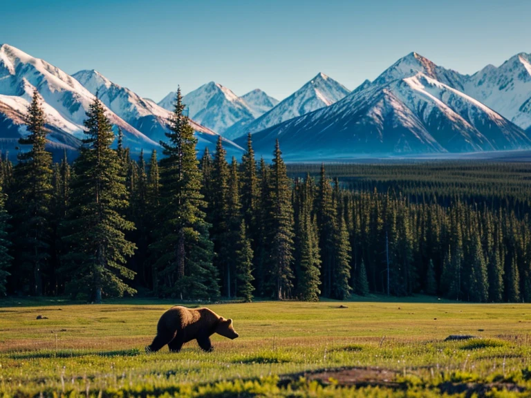 An Alaskan bear roaming. in a green field, with Alaskan pine trees, and snowy mountains in the background. Old world feel.