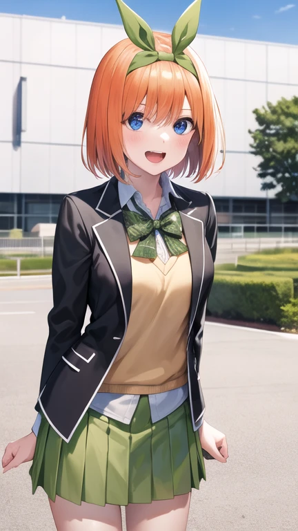 masterpiece, best quality, highres, Nakano Yotsuba, short hair, hair ribbon, green ribbon, hairband, green bow, sweater vest, blazer, black jacket, open clothes, long sleeves, green skirt, pleated skirt, standing, cowboy shot, outdoors, smile, open mouth,