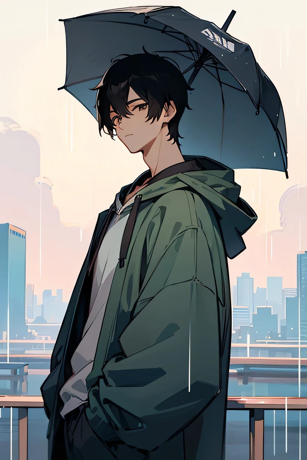 Anime-style illustrations、Short black hair、Brown eyes、Handsome Men、hoodie、spring、rainy season、Chill out、