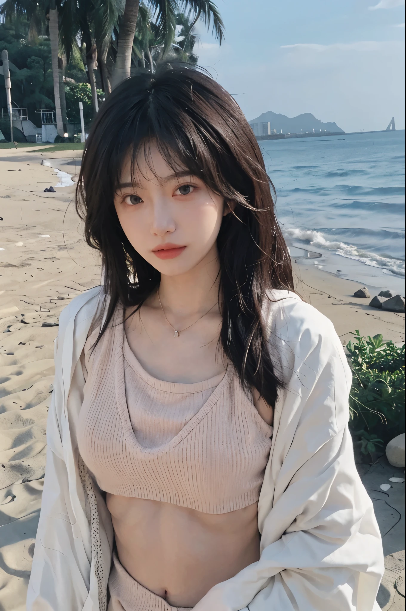 Best quality,Ultra-high resolution,(lifelike:1.4),Cute hairpin,1girll,Long curly hair,jk,Blush,Slim beauty:1.4,Visible abdominal muscles,on the beach,Ultra-fine face,Exquisite eyes,Double eyelids,necklace
