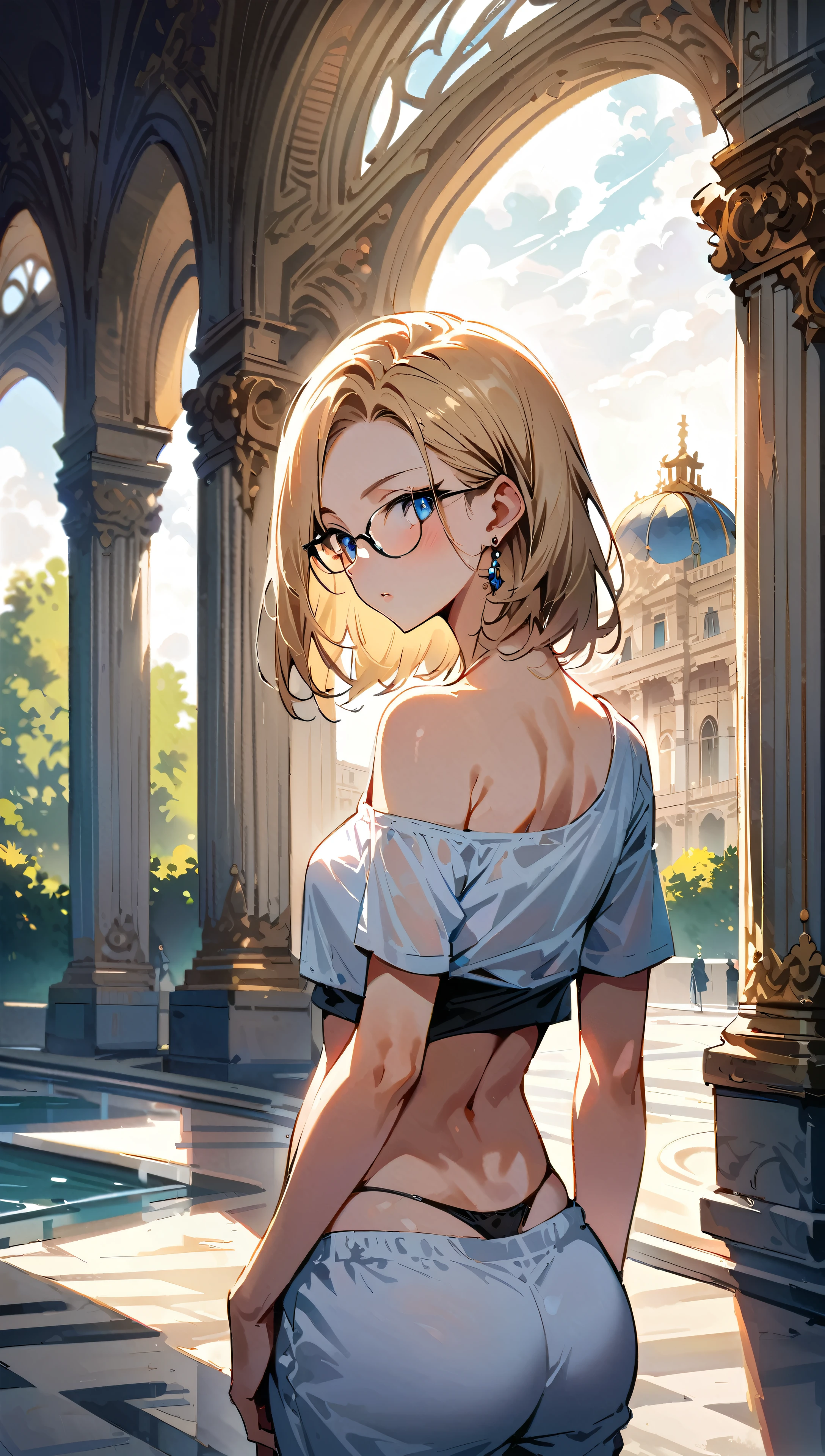(masterpiece, best quality:1.2), solo, Android 18 from Dragon Ball, collarbone, cleavage, ((slip-on one-shoulder crop top)), (light gray top:1.2), no jacket, midriff-baring, navel, ((white baggy pants)), strings of thong underwear slightly visible, small breasts, short blonde hair loose, ((blue eyes)), ((wearing glasses)), earrings on earlobes, slender feminine figure, narrow waistline, skinny body, (plane black cap), (cap without logo), sunlight, shot from behind, looking back, back view, light blush, arms behind back, standing outside, Palace of Versailles, the gardens, Paris, manicured parterres, geometric hedges, ornate fountains, tree-lined paths, vibrant gardens, Baroque grandeur and opulence, natural lighting and shadows, the ornate fountains, blur background, 4K