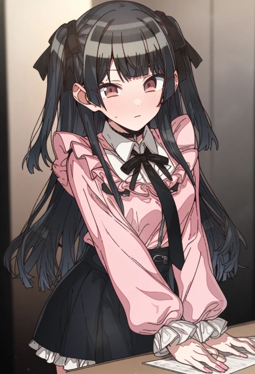 Artist, erere, Copyrights, idolmaster, idolmaster_shiny_colors, Character, mayuzumi_fuyuko, General, 1girl, black_hair, black_necktie, black_ribbon, black_skirt, blunt_bangs, blush, breasts, brown_eyes, censored, frilled_sleeves, frills, jirai_kei, long_hair, long_sleeves, medium_breasts, miniskirt, neck_ribbon, necktie, pink_nails, pink_shirt, raised_eyebrow, ribbon, shirt, skirt, sweatdrop, two_side_up, zipper_skirt, masterpiece, best_quality, great_quality, absurdres, highres
