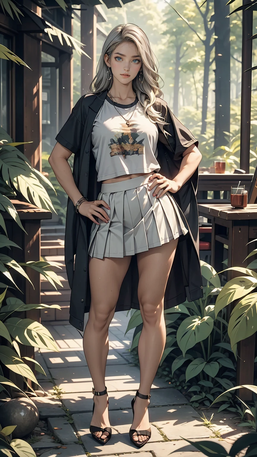 24 year old Caucasian female、Silver Hair、Sexy proportions、Long legs、Wear a T-shirt with a logo、Lower milk visible、Navel visible、Wear a low-rise micro mini pleated skirt、Wear high heels、Model pose、Place your hands on your hips、Forest background