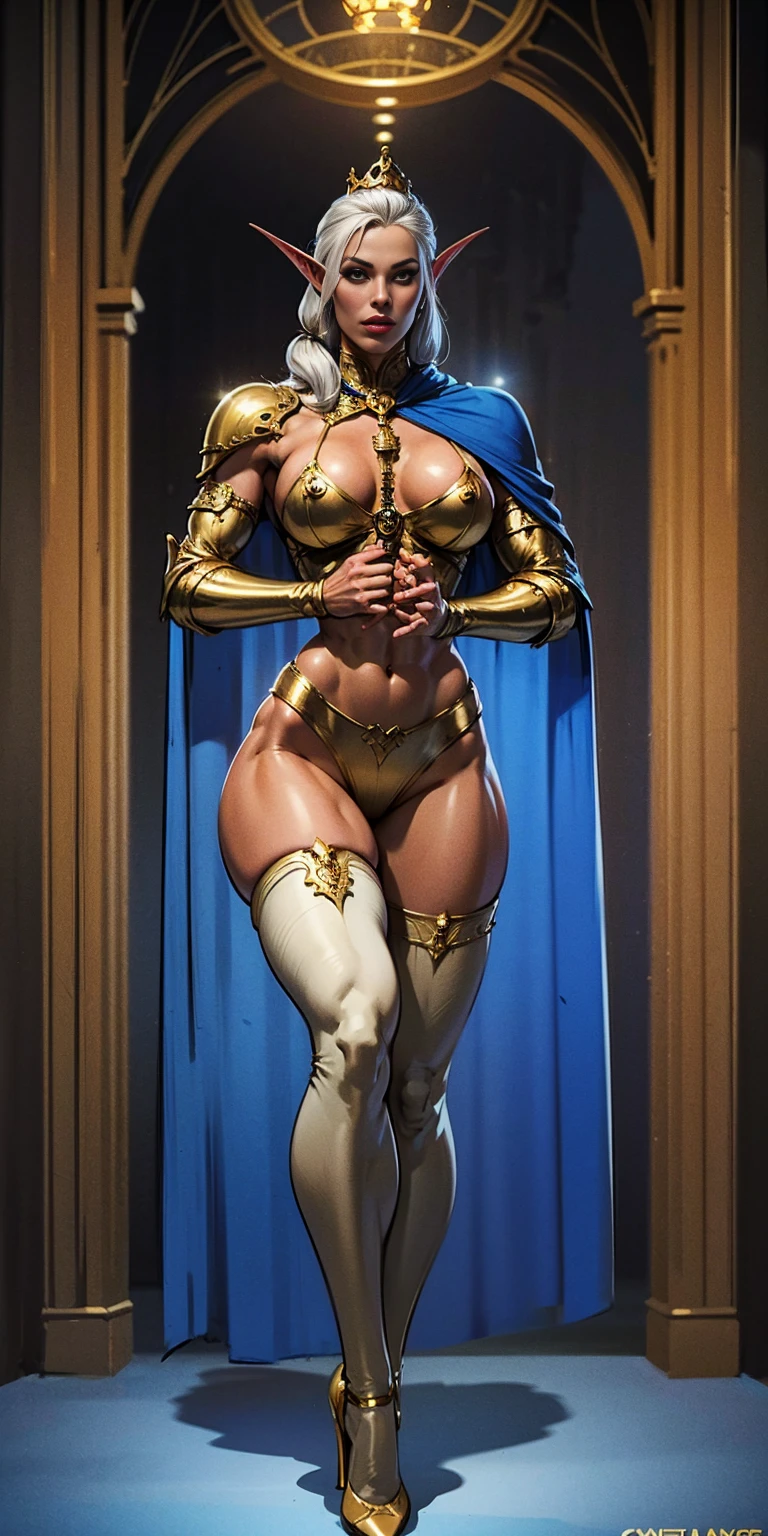 extremely long hair , ponytail, perfect anatomy 1 girl tall solo, slim thick, ((muscular)) high elf toned body, silver breast plate, blue cape, slendered abs, hourglass waist, detailed face, defined cheekbones, puffy lips, gauntlets, gold crown, shadow over eyes, looking at viewer, masterpiece, white thigh highs lingerie, high heels