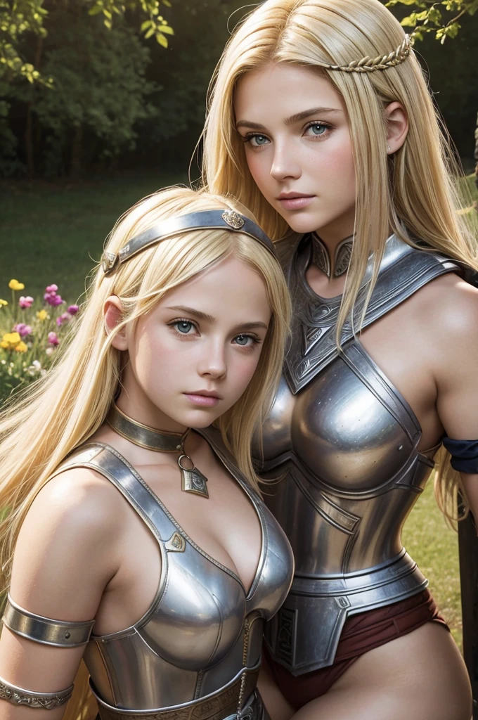mother and daughter portrait break: mature woman, roman warrior, queens blade , middle age, blonde, detailed face, curvy, fighter position, background in uk land break: teen girl, roman warrior, princess blade , 13 years old, teenager girl, small breasts, mini cropped, valkyrian princess ,blonde, detailed face, beautiful, confiant, background in uk land with flowers, soft lesbians