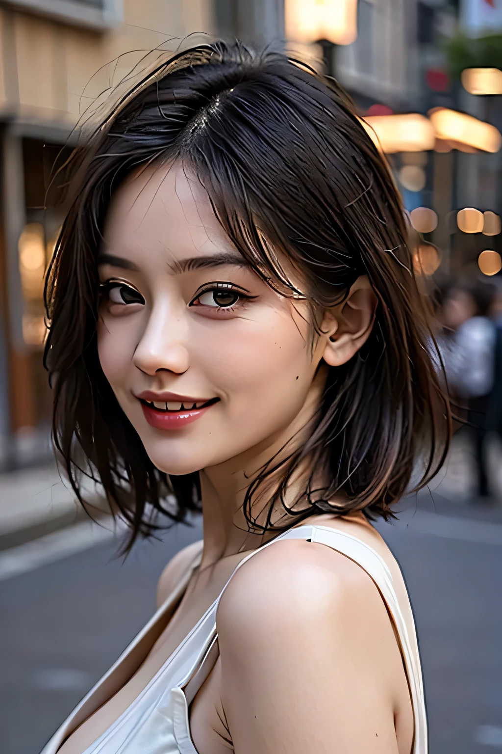 (8k, RAW Photos, highest quality, masterpiece, Realistic, Realistic), (1 female), (Ultimate beauty), Highly detailed face, (Perfect Teeth), Beautiful Eyes, double eyelid, eyelash, smile, Lip details, (Neat brunette bob), The light shines on your face, (Big Breasts), ((Mini Dress)), (Thighs), (background: none),  Background blur