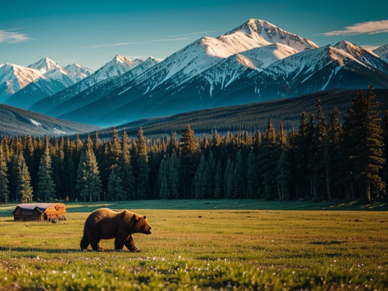 A Russian bear roaming. in a green field, with Alaskan pine trees, and snowy mountains in the background. Old world feel.