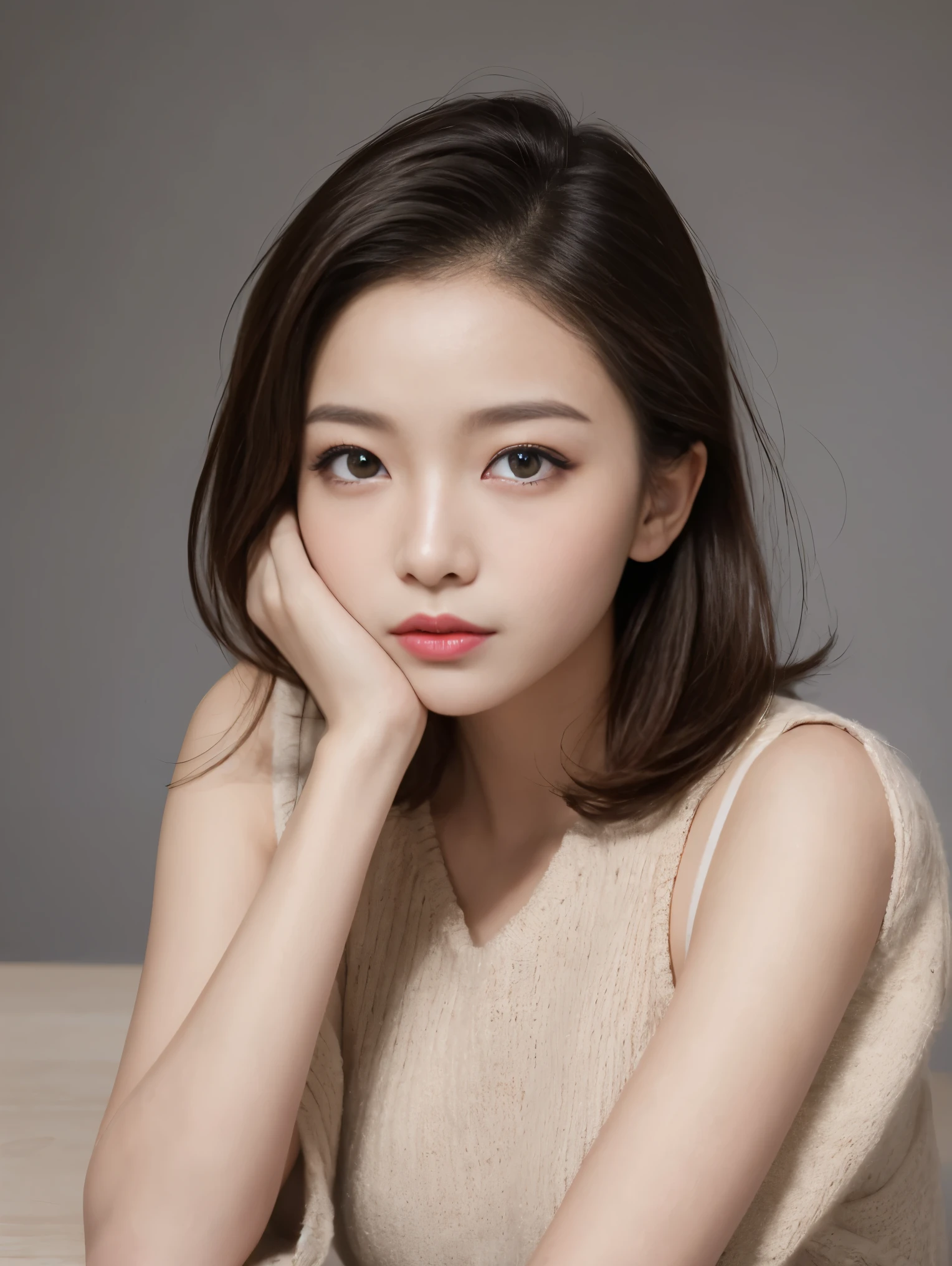 In detail, High resolution, high quality、Perfect dynamic composition, Beautiful fine details, Medium Hair, small 、Natural color lip,Kamimei、Shopping mall、20-year-old girl、1 person、Clear Skin、Shiny Hair、Tabletop, 最high quality, figure, Super detailed, In detail, High resolution, 8k、The correct state of the human body、Randomly cute poses,ponytail,Beautiful feet,Perfect beautiful face,KPOP idol faces,Ecstatic face,Light grey knit dress,Background Blur,Dress up as a model for a women's fashion magazine