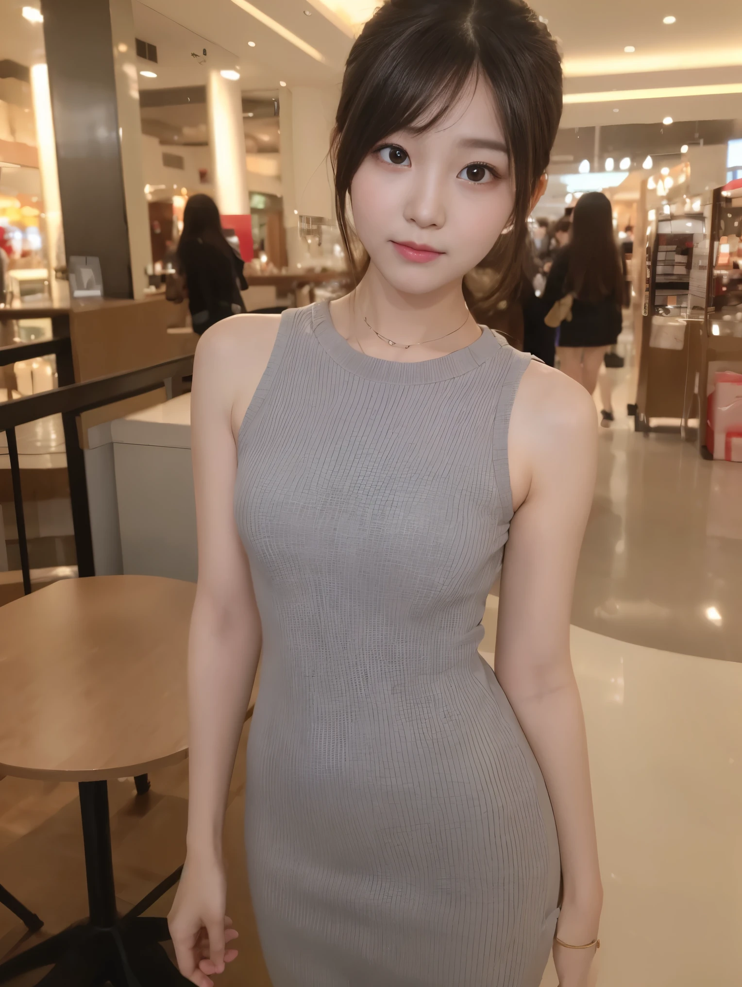 In detail, High resolution, high quality、Perfect dynamic composition, Beautiful fine details, Medium Hair, small 、Natural color lip,Kamimei、Shopping mall、20-year-old girl、1 person、Clear Skin、Shiny Hair、Tabletop, 最high quality, figure, Super detailed, In detail, High resolution, 8k、The correct state of the human body、Randomly cute poses,ponytail,Beautiful feet,Perfect beautiful face,KPOP idol faces,Ecstatic face,Light grey knit dress,Background Blur,Dress up as a model for a women's fashion magazine