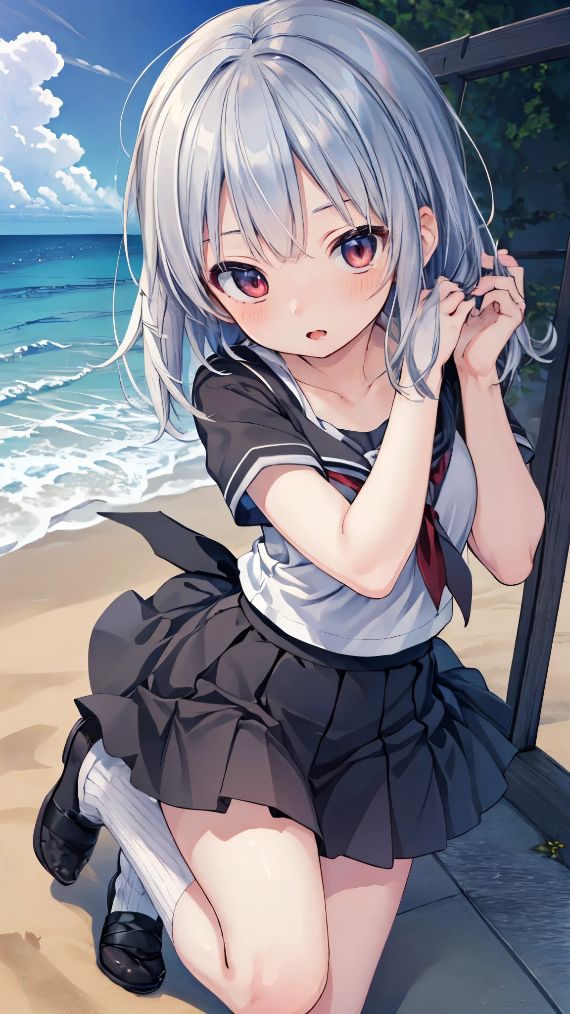 ((masterpiece)), ((highest quality)), ((High resolution)), ((Highly detailed CG Unity 8k wallpaper)), alone, tachibana kanade, Brown uniform, Black Skirt, White socks, Outdoor, face, Beach, Hanging hair, Parted hair, Silver Hair, 笑face, 