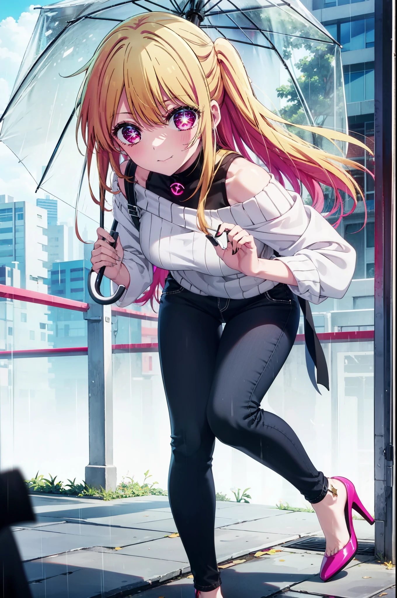 rubyhoshino, Hoshino Ruby, Long Hair, bangs, Blonde Hair, (Pink Eyes:1.3), Side Lock, (Symbol-shaped pupil:1.5), Multicolored Hair, Two-tone hair, smile,Cordo shoulder top,Skinny jeans,Stiletto heels,rain,umbrella,Cloudy,whole bodyがイラストに入るように,Walking,
break outdoors, ビル街
break looking at viewer, whole body,
break (masterpiece:1.2), highest quality, High resolution, unity 8k wallpaper, (figure:0.8), (Beautiful fine details:1.6), Highly detailed face, Perfect lighting, Highly detailed CG, (Perfect hands, Perfect Anatomy),