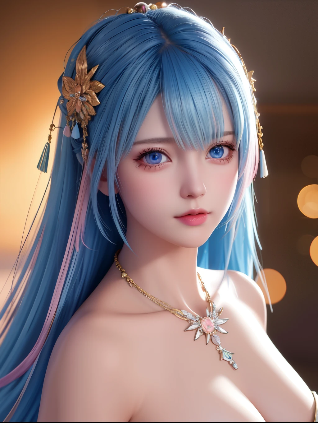 beste-Qualit, master-piece, Tall, 1girls, nude, Hair ornaments, necklace, ornament, Beautiful face, When the body, Tyndall effect, photorealistic portrait, dark studio, Edge lighting, two-color light, (highly detailed skin:1.2), 8k uhd, dslr, Soft light, High Quality, Volumetric lighting, honest, Photograph, high-res, 4k, 8k, bokeh, Blue hair with pink tips, pink eyes. Nude