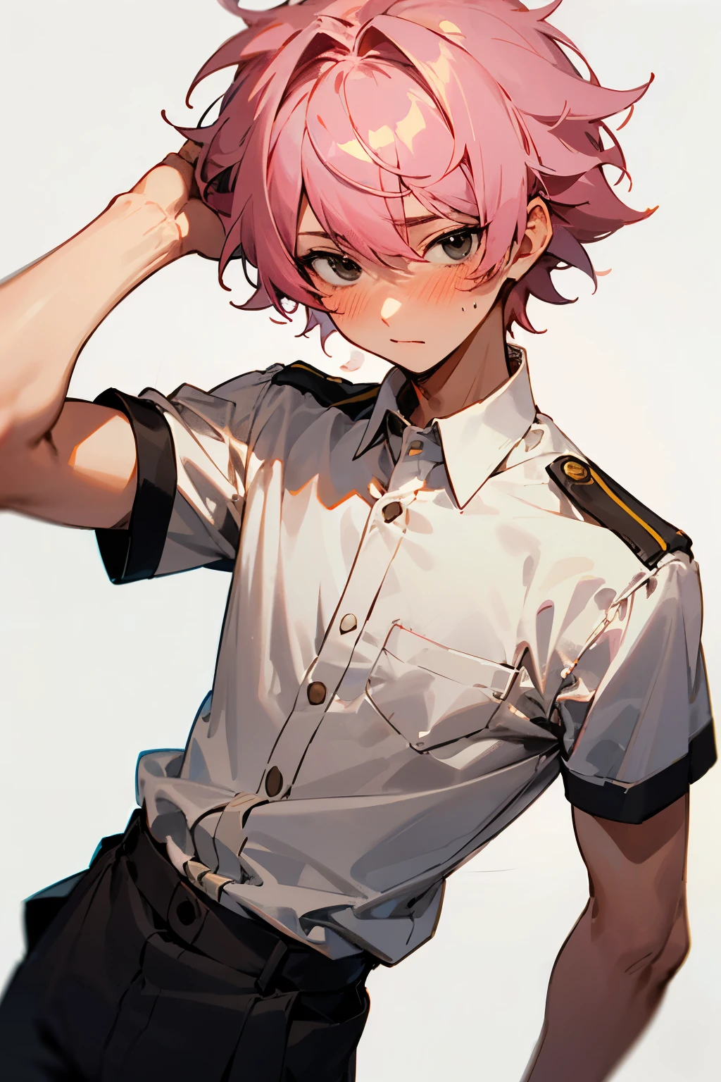 1boy, white background, face focus, pink hair, messy hair, black eyes, brown barista uniform, shy, male, adult, headshot, uniform, standing, short hair, plain white shirt, blushing, posing for a picture