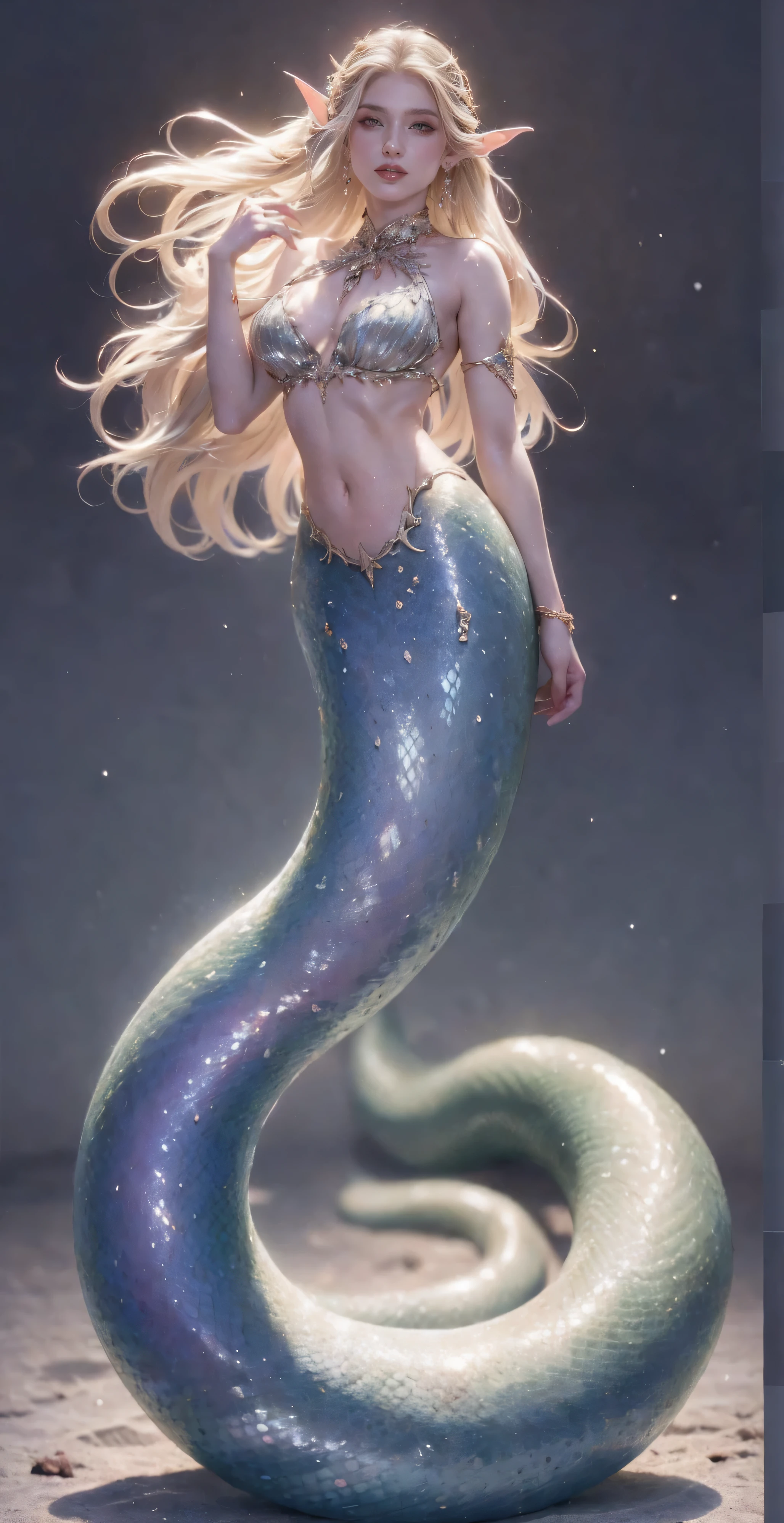 （（masterpiece，best quality，Ultra-clear，original photo，Extremely detailed CG，8K）），Lamia，（long snake tail：1.3），Beautiful elf girl，Long blond hair，Delicate purple eyes，earrings，Delicate face，Correct detailed hand，Smooth and delicate skin，Radiant Skin，（Big breasts and thin waist），Beautiful purple snake scales，high resolution，（Super detailed：1.4），（lifelike：1.2），Imagine，Dazzling，charm，nude，Abdominal muscles，Umbilical cord，Body shine，Full body photo facing the camera