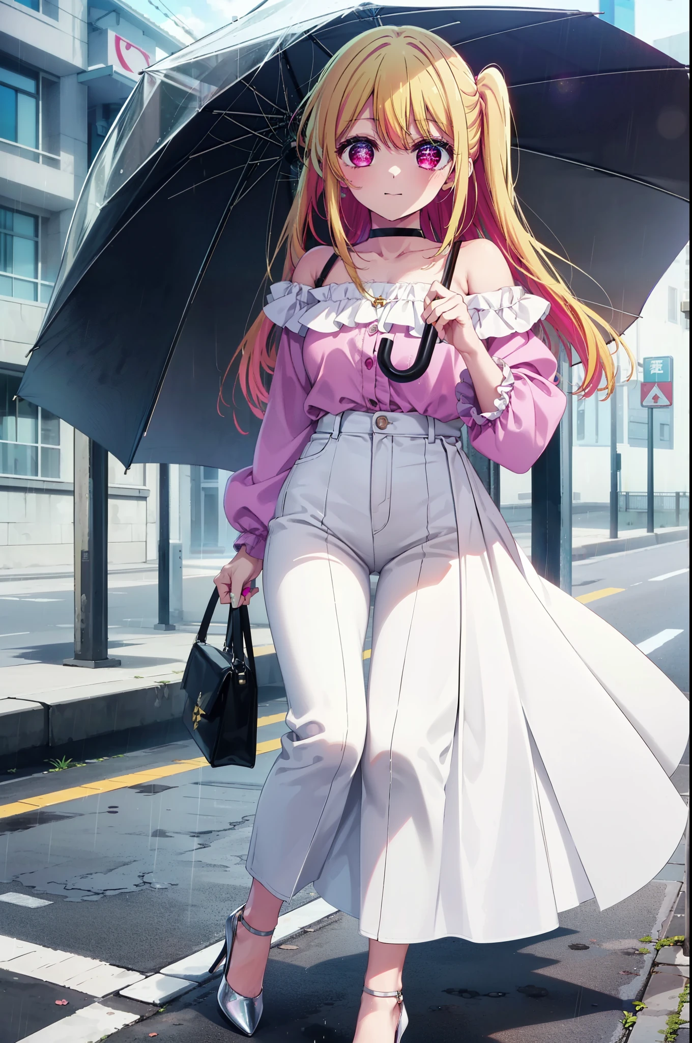 rubyhoshino, Hoshino Ruby, Long Hair, bangs, Blonde Hair, (Pink Eyes:1.3), Side Lock, (Symbol-shaped pupil:1.5), Multicolored Hair, Two-tone hair, smile,Cordo shoulder top,Skinny jeans,Stiletto heels,rain,umbrella,Cloudy,whole bodyがイラストに入るように,Walking,
break outdoors, ビル街
break looking at viewer, whole body,
break (masterpiece:1.2), highest quality, High resolution, unity 8k wallpaper, (figure:0.8), (Beautiful fine details:1.6), Highly detailed face, Perfect lighting, Highly detailed CG, (Perfect hands, Perfect Anatomy),
