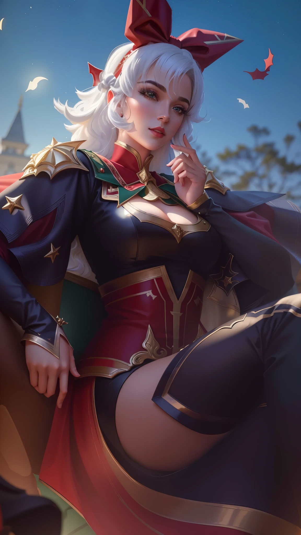 a woman sitting on top of a horse, Christmas theme, curly white hair, perfect skin, festive, velvet, drag, lotus, Sexy thighs, super sexy, daughter of death, astronomical, perfect face details, a red cape, Wear a red ribbon, Christmas tree background, queen of Lightning, super detailed, masterpiece, best quality, ultra quality, absurd details, best light, best shadow, sharp, sharp image, detailed, extremely detailed, great resolution, 8k, 4k, uhd